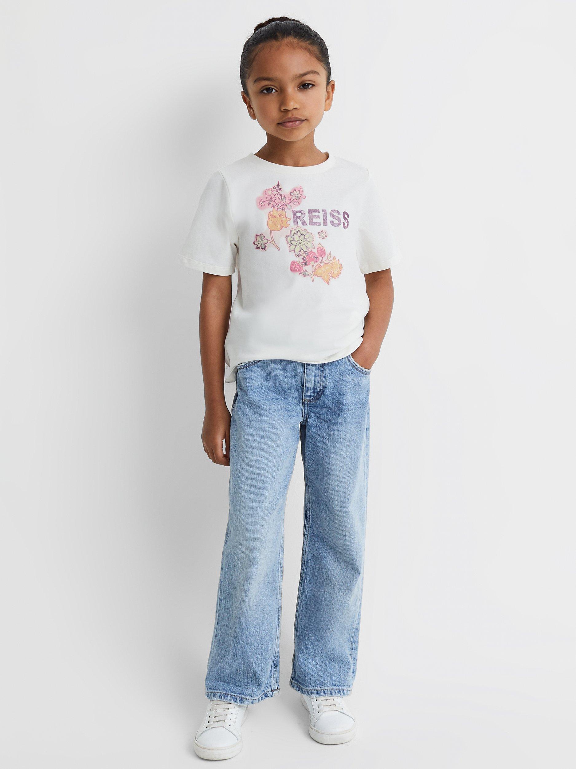Reiss Kids' Misha Logo Floral Motif Crew Neck T-Shirt, Ivory