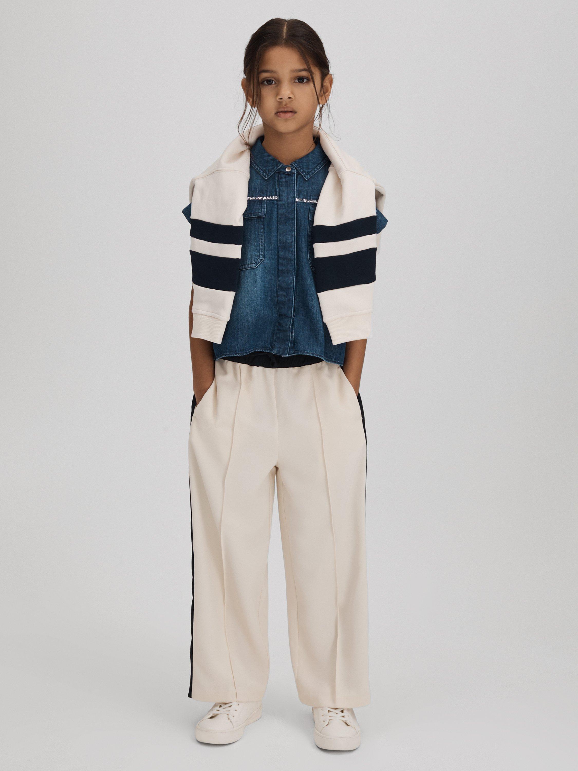 Reiss Kids' May Side Stripe Wide Leg Drawstring Trousers, Ivory