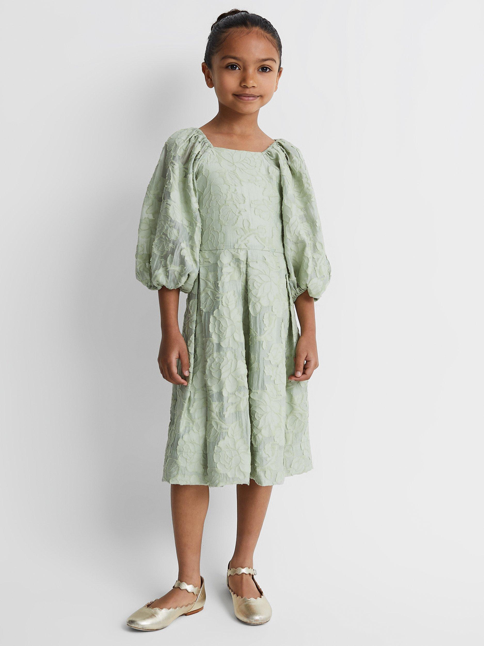 Reiss Kids' Thea Floral Jacquard Puff Sleeve Dress, Sage