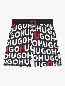 HUGO Kids' All-Over Logo Swim Shorts, Black/Multi, Black/Multi