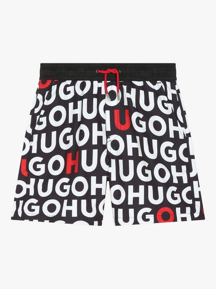 BOSS Kids' All-Over Logo Swim Shorts, Black/Multi, Black/Multi