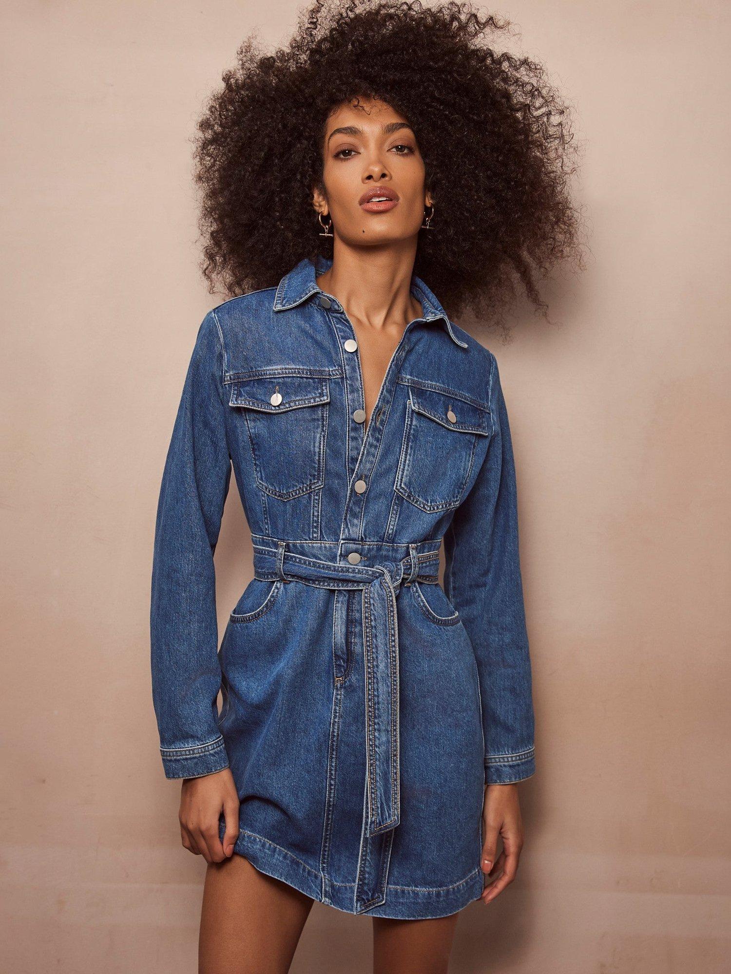 Vintage 80s Mirrors 2 Mid Wash Button Up Tie-Waist Cotton Midi Denim store Shirt Dress