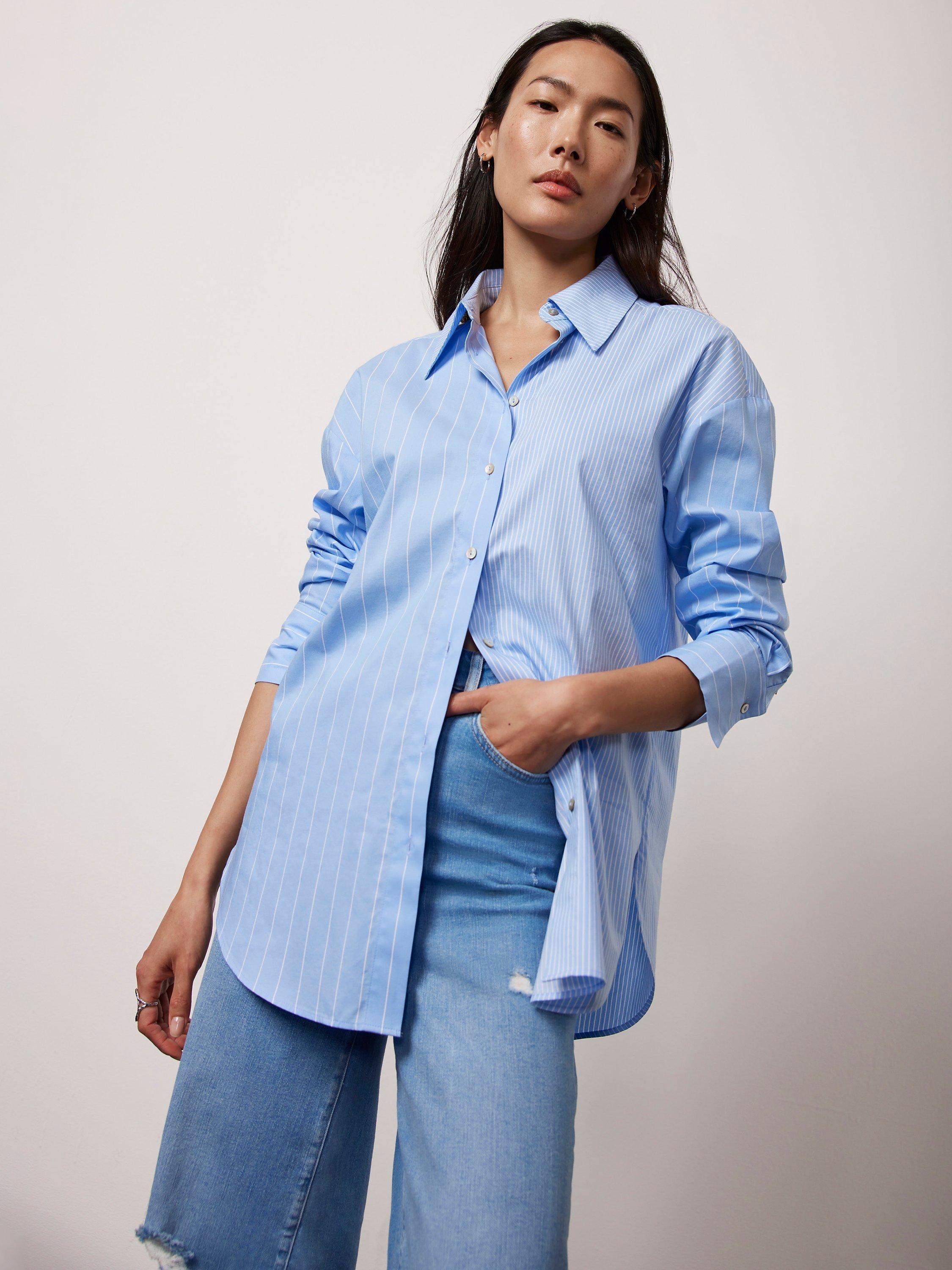 Mint Velvet Contrast Cotton Blend Stripe Shirt, Blue