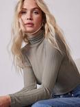 Mint Velvet Sheer Textured Roll Neck Top, Khaki