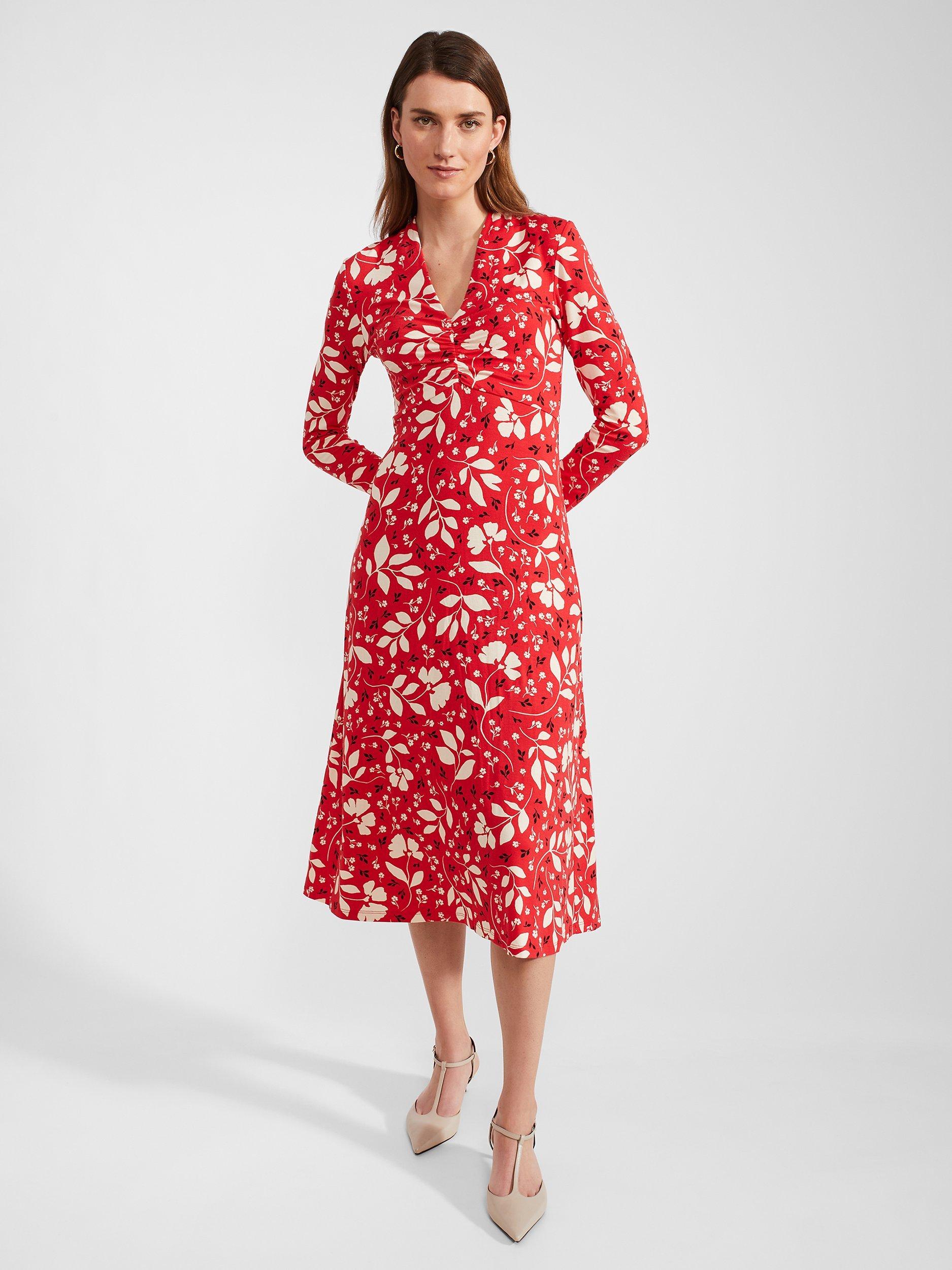 Hobbs Gabi Floral Midi Jersey Dress, Red/Multi