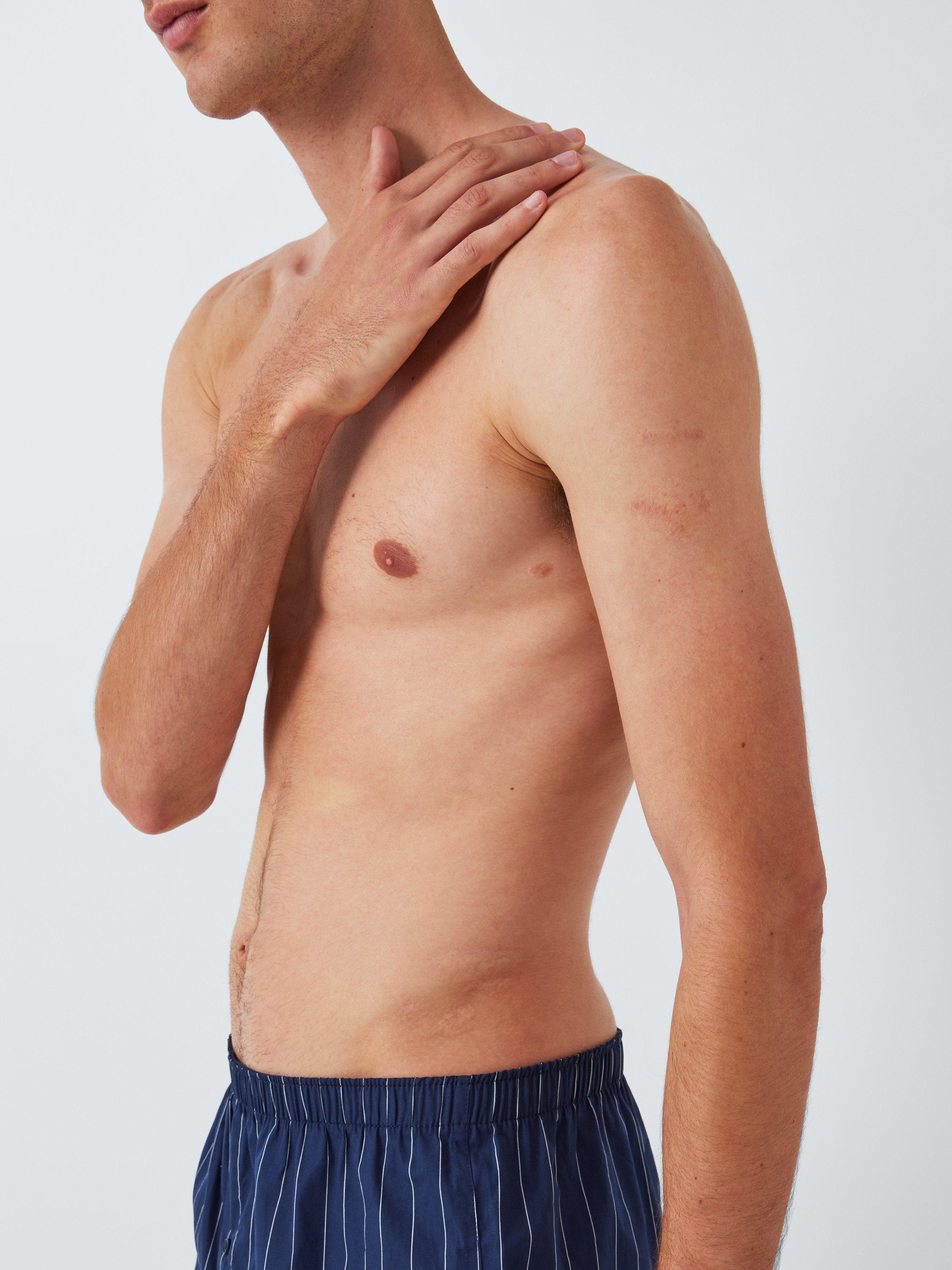 Product image 5 of 5, which shows John Lewis Organic Cotton Pinstripe Boxer Shorts, Pack of 3, Blue Mid, L