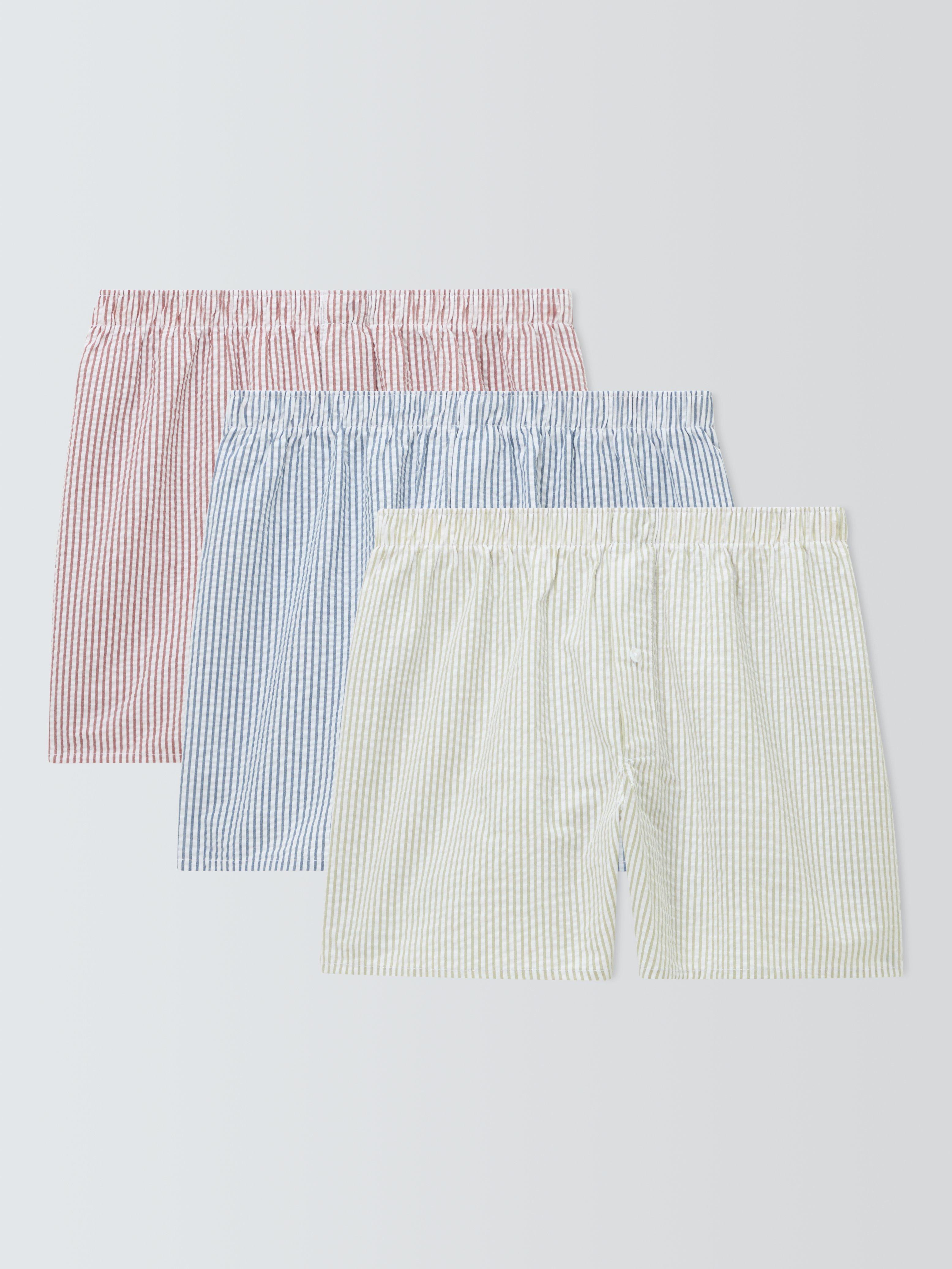 Product image 1 of 5, which shows John Lewis Organic Cotton Woven Seersucker Stripe Boxers, Pack of 3, Red, Blue, White, XL