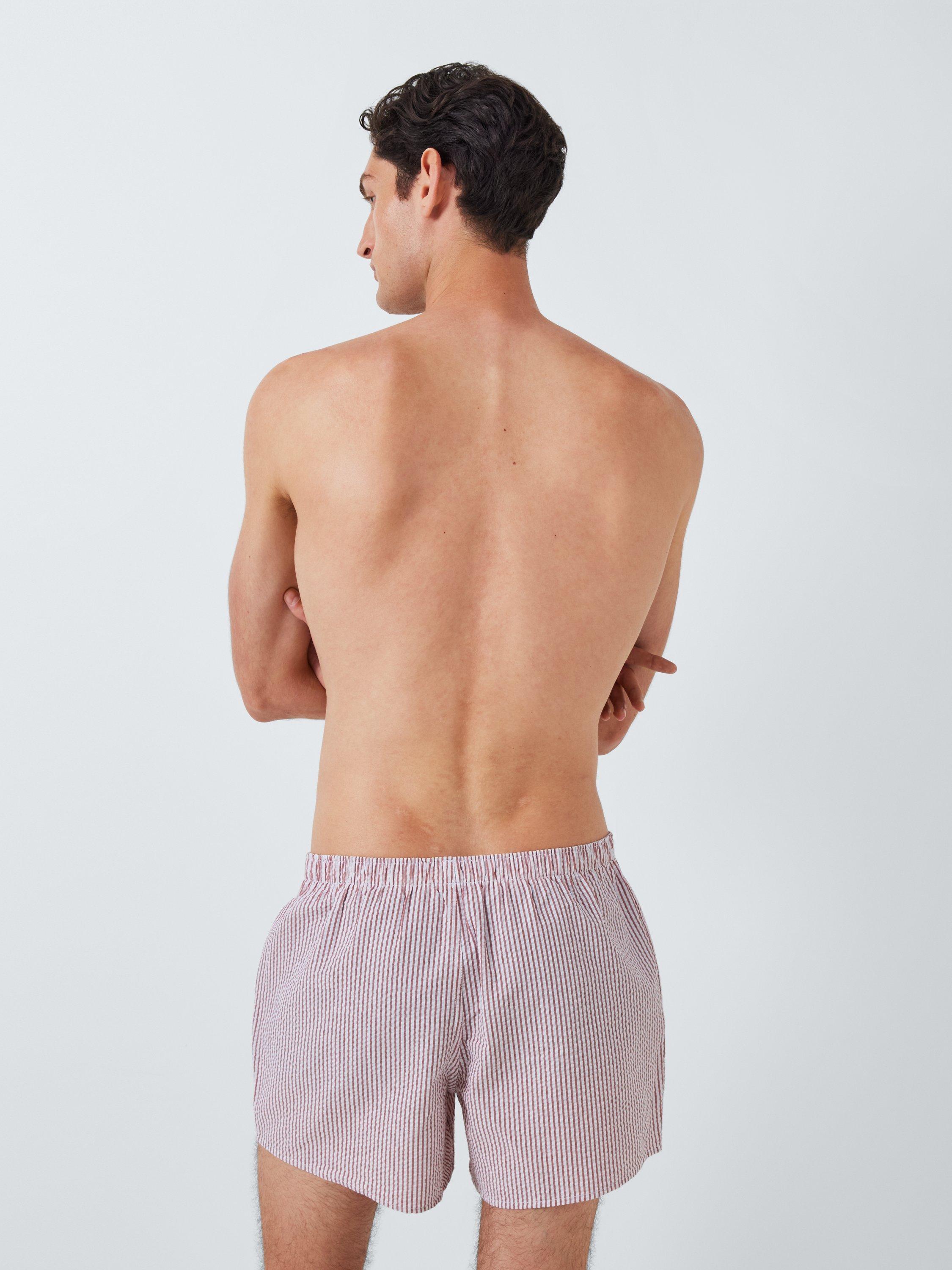 Product image 3 of 5, which shows John Lewis Organic Cotton Woven Seersucker Stripe Boxers, Pack of 3, Red, Blue, White, XL