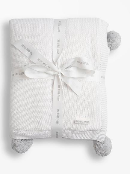 The Little Tailor Pom Pom Baby Blanket, White