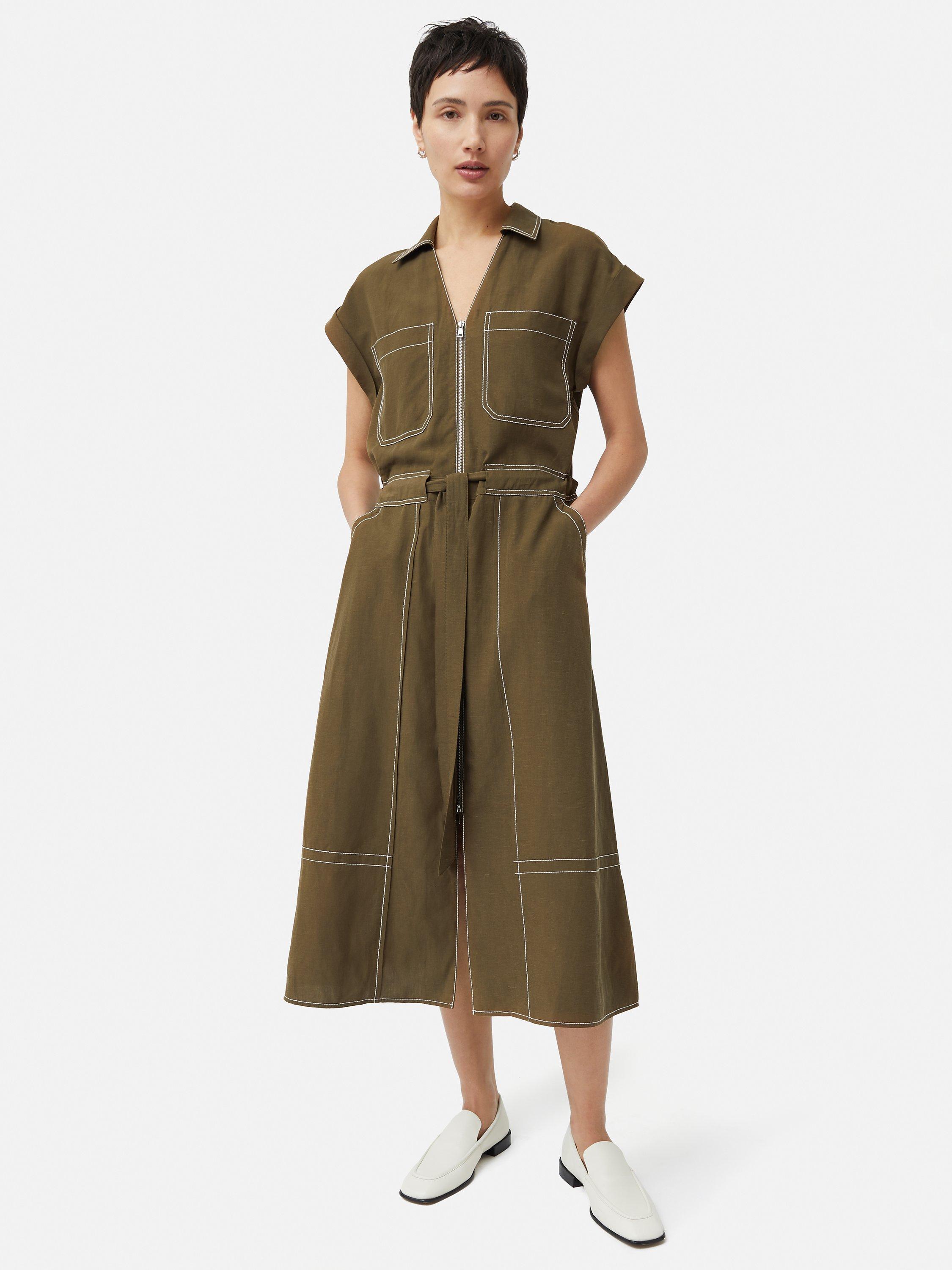 Jigsaw Linen Blend Contrast Stitch Midi Dress, Dark Khaki, 16