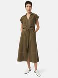 Jigsaw Linen Blend Contrast Stitch Midi Dress, Dark Khaki