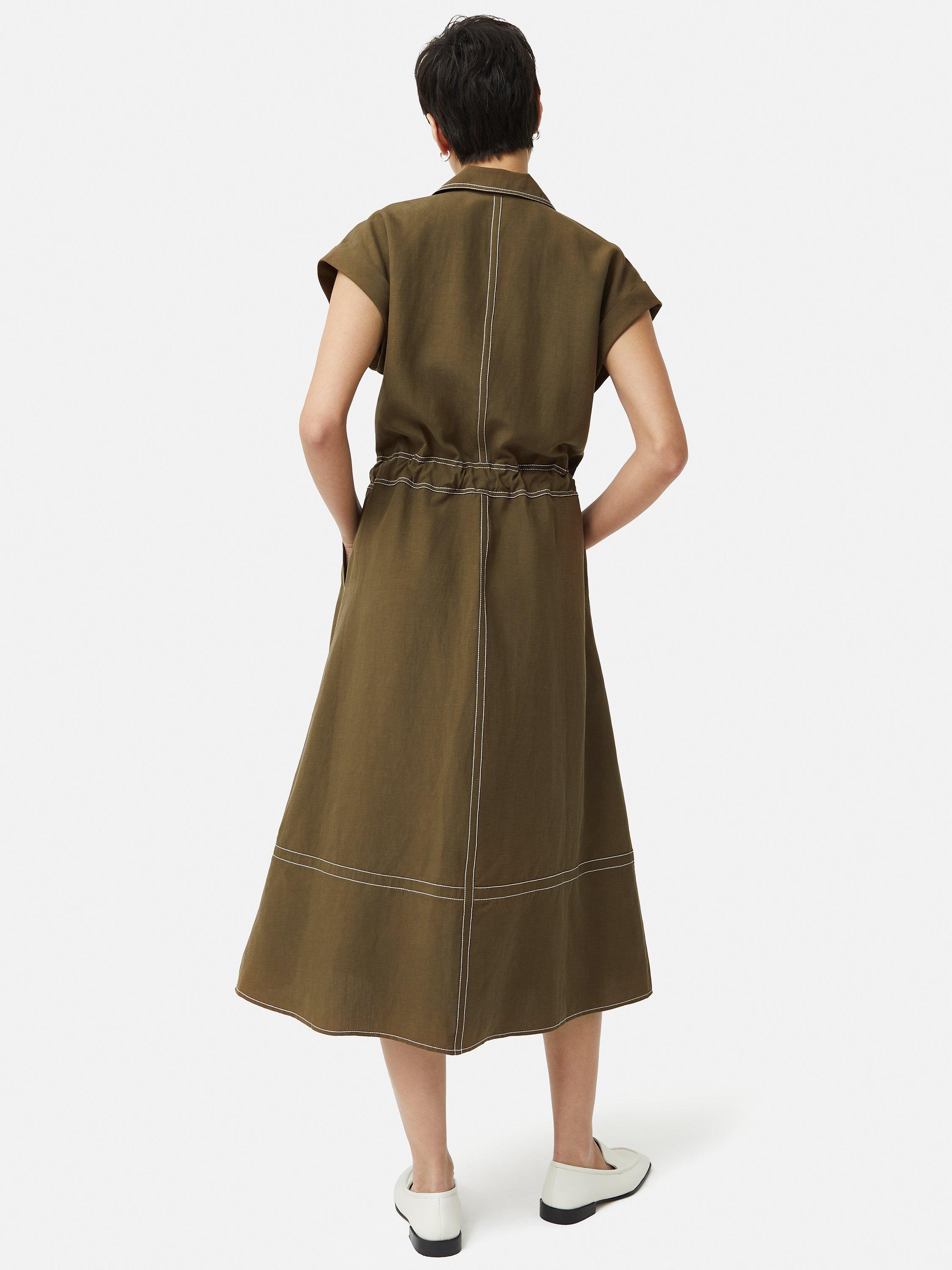 Jigsaw Linen Blend Contrast Stitch Midi Dress, Dark Khaki, 16