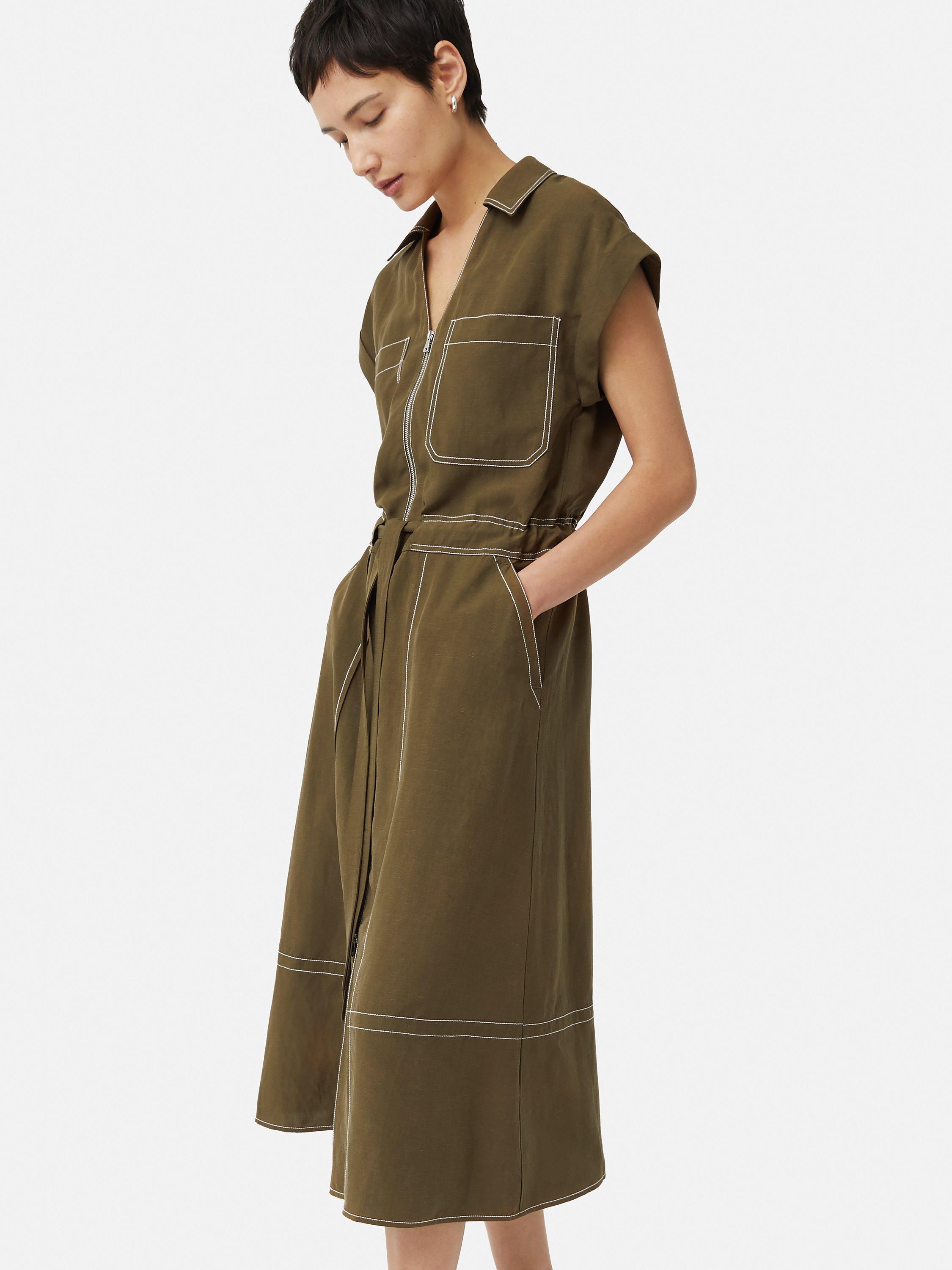 Jigsaw Linen Blend Contrast Stitch Midi Dress, Dark Khaki, 16