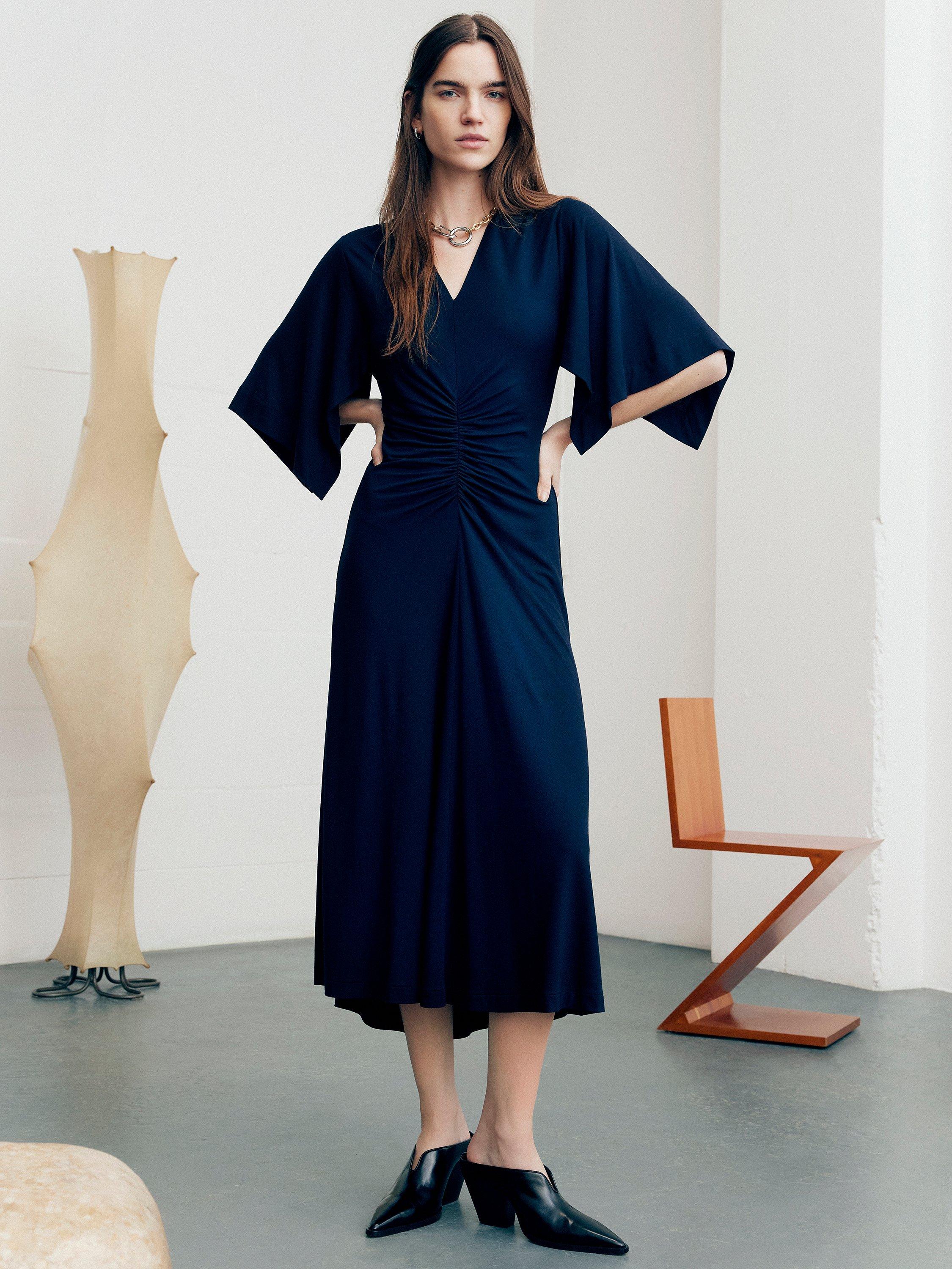 Jigsaw Crepe Handkerchief Midi Dress Navy