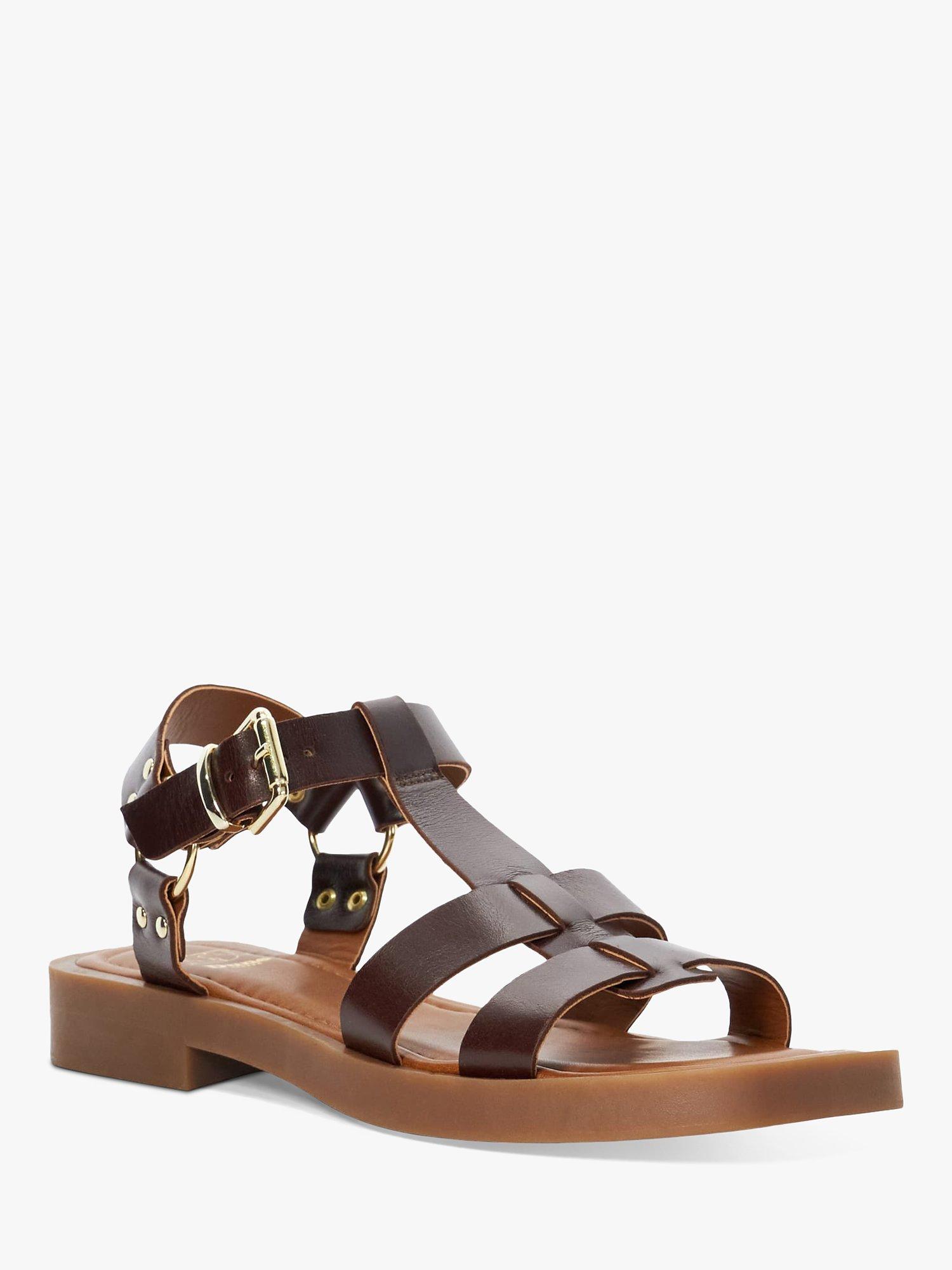 Dune Loto Leather Square Toe Sandals, Dark Tan, 7