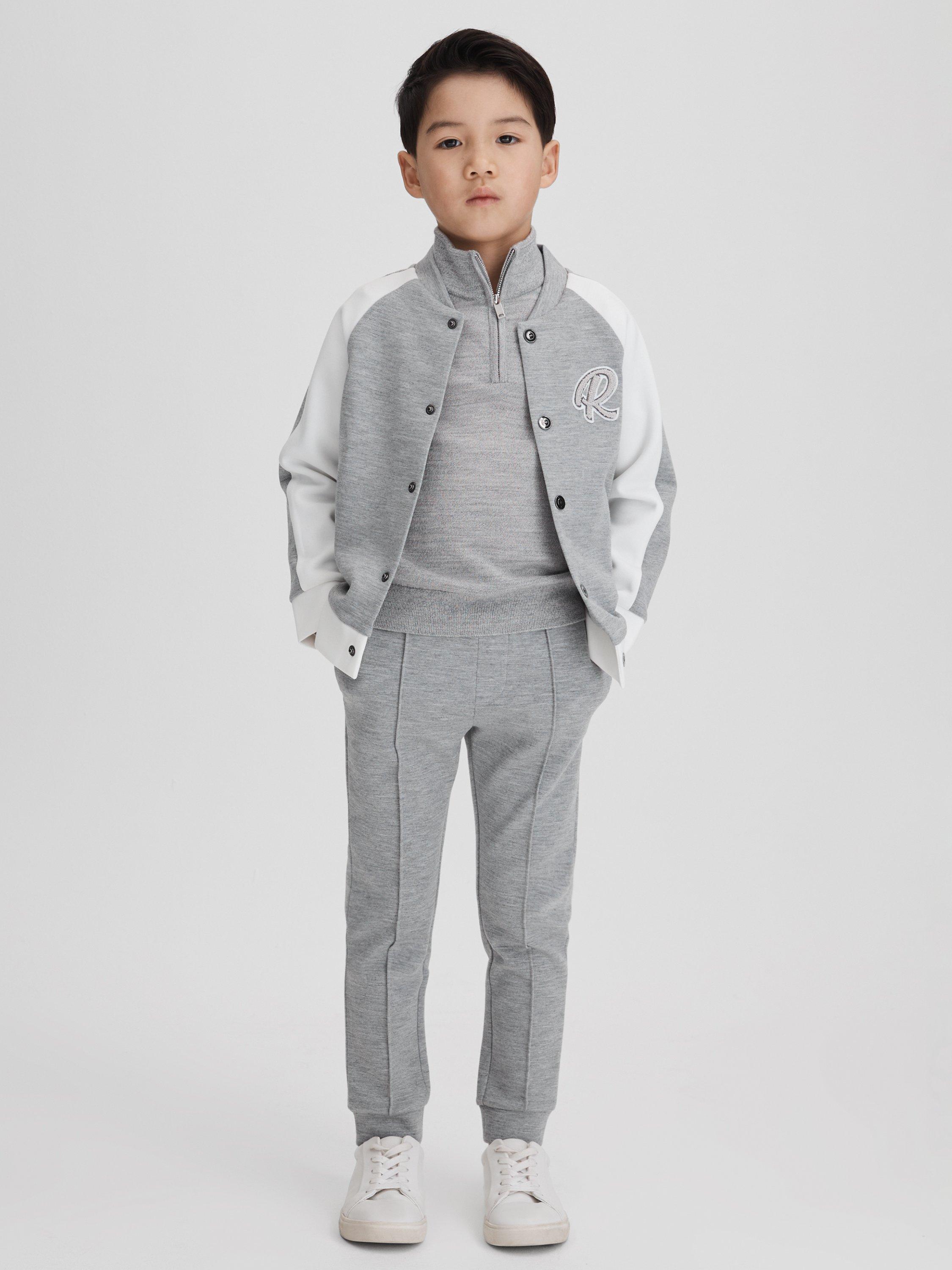 Reiss Kids' Pelham Logo Varsity Jacket, Soft Grey/White