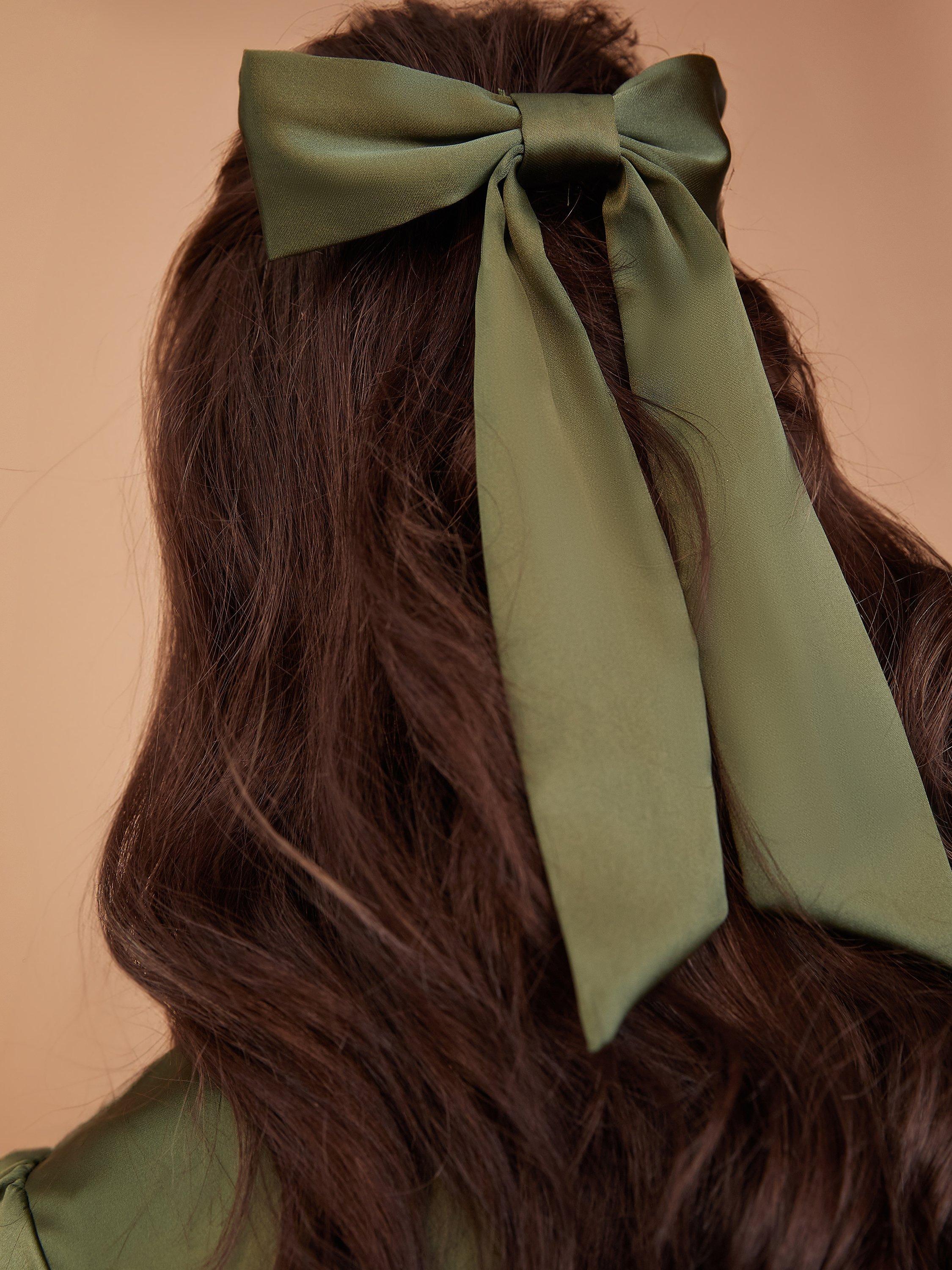Product image 1 of 2, which shows Rewritten Satin Hair Bow, Olive Green, One Size