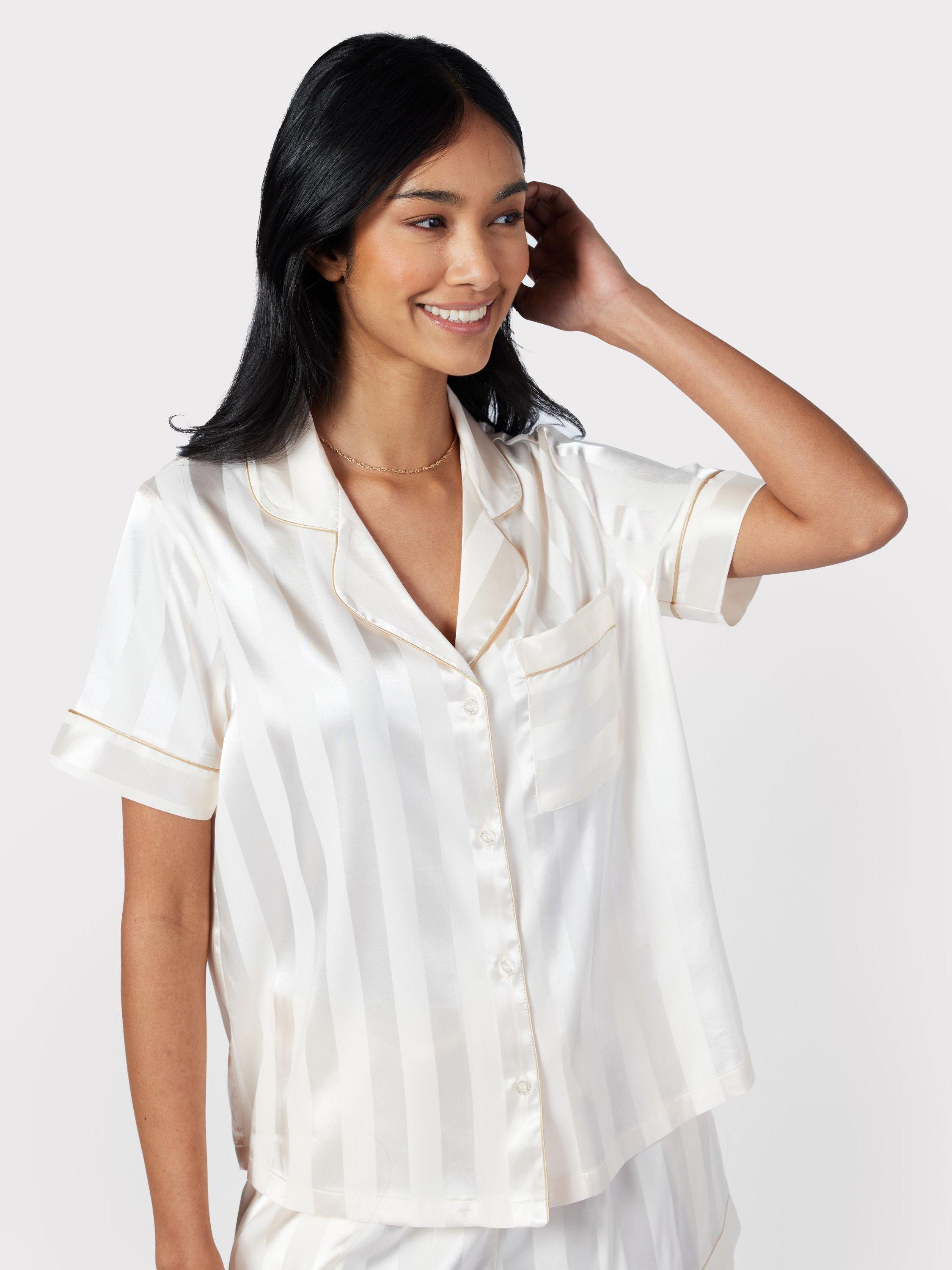 Product image 4 of 6, which shows Chelsea Peers Satin Jacquard Stripe Short Pyjama Set, Off White, 14