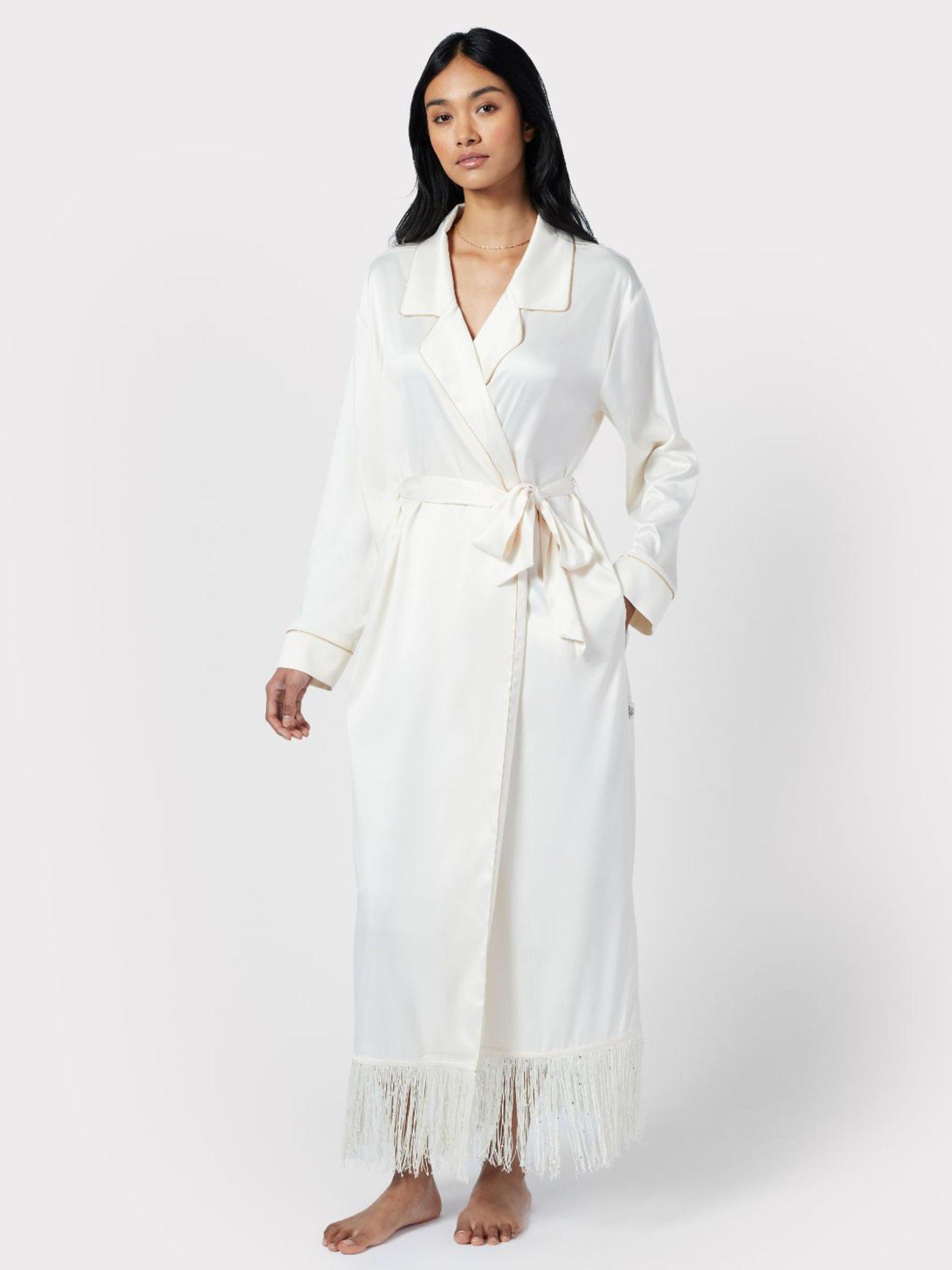 Chelsea Peers Satin Fringe Trim Dressing Gown Off White