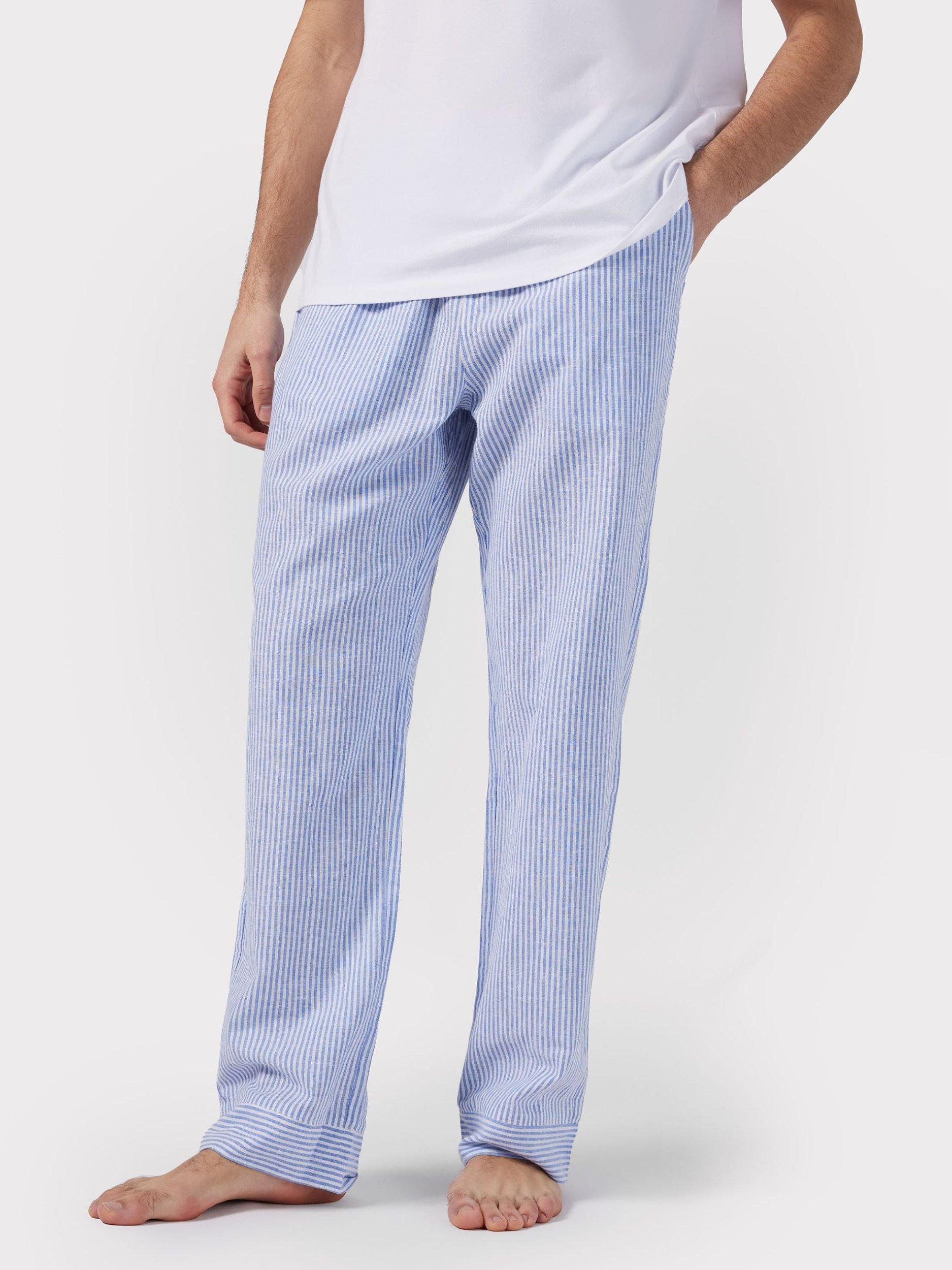 Chelsea Peers Linen Blend Poplin Stripe Pyjama Bottoms, Navy/White