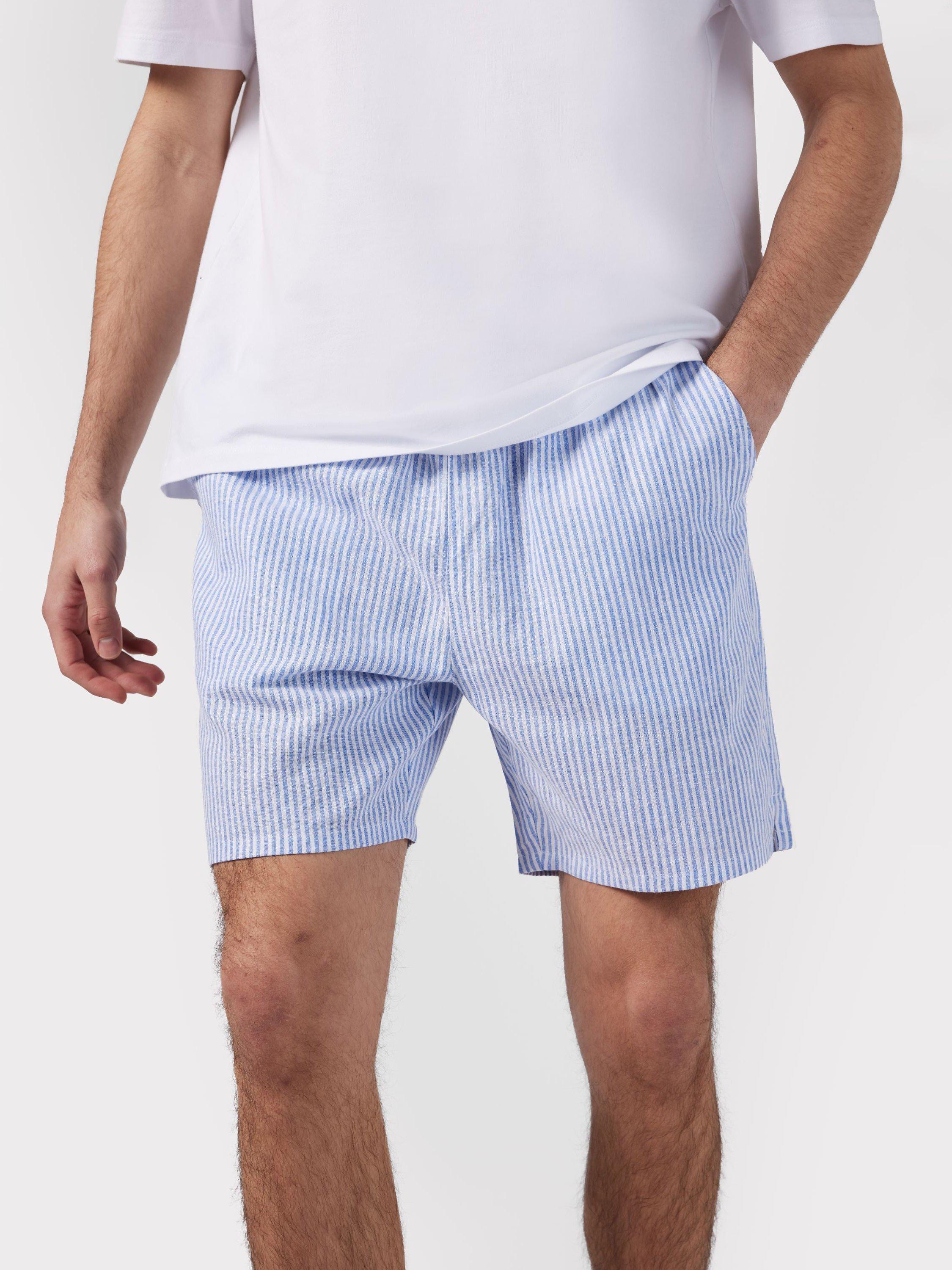 Chelsea Peers Linen Blend Poplin Stripe Pyjama Shorts Navy White