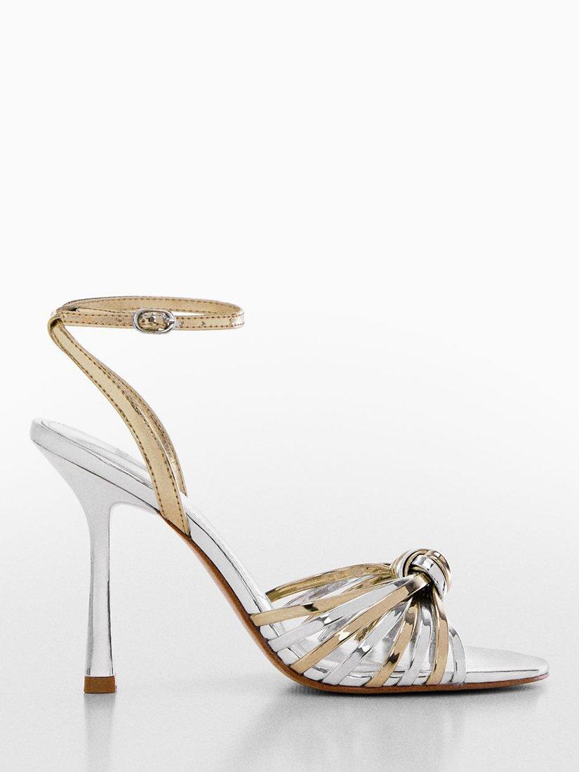 Mango Noto High Heel Leather Sandals, Silver/Gold