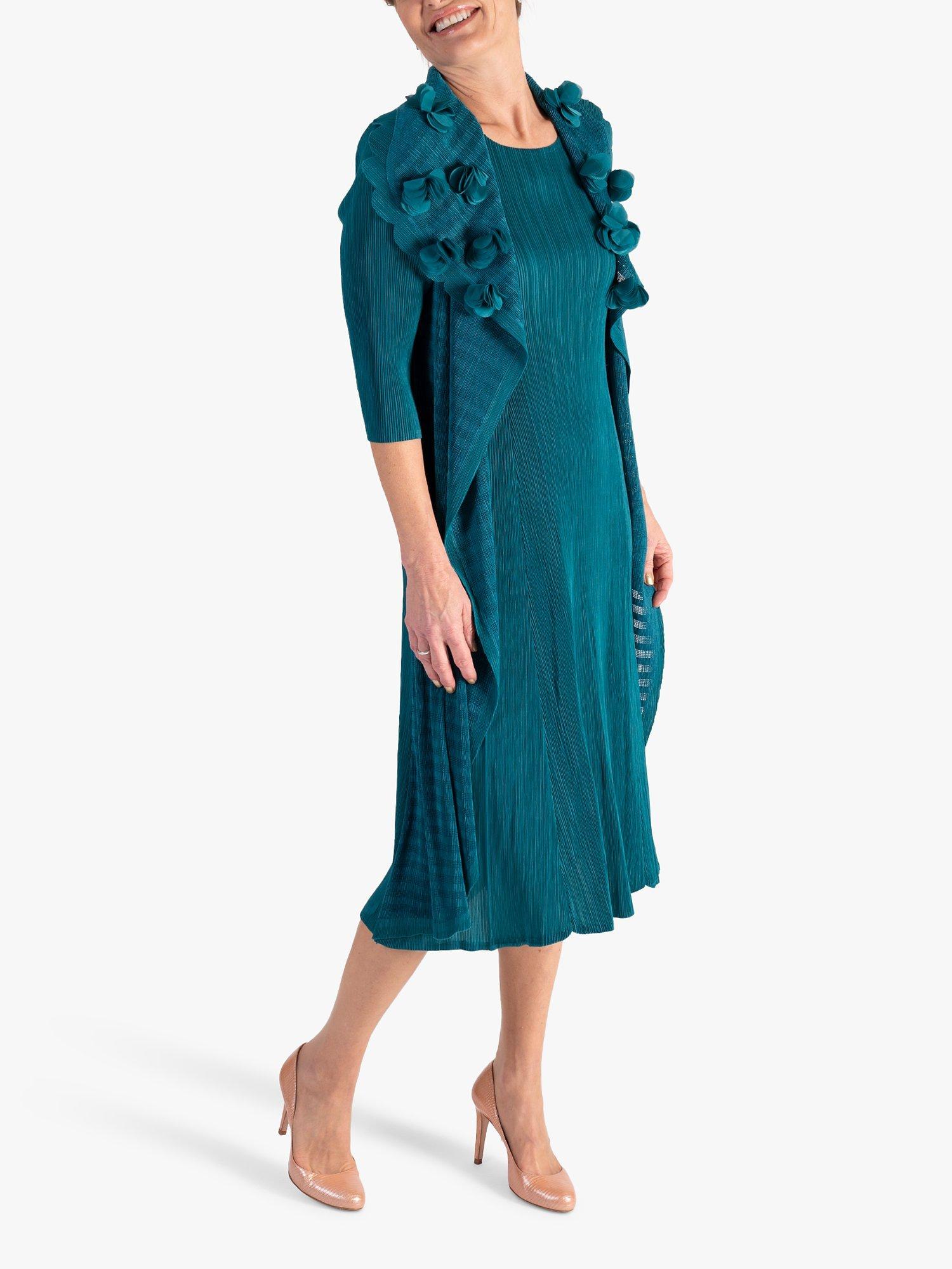 Product image 3 of 6, which shows chesca Chiffon Flower Detail Pleated Dress, Jade, One Size