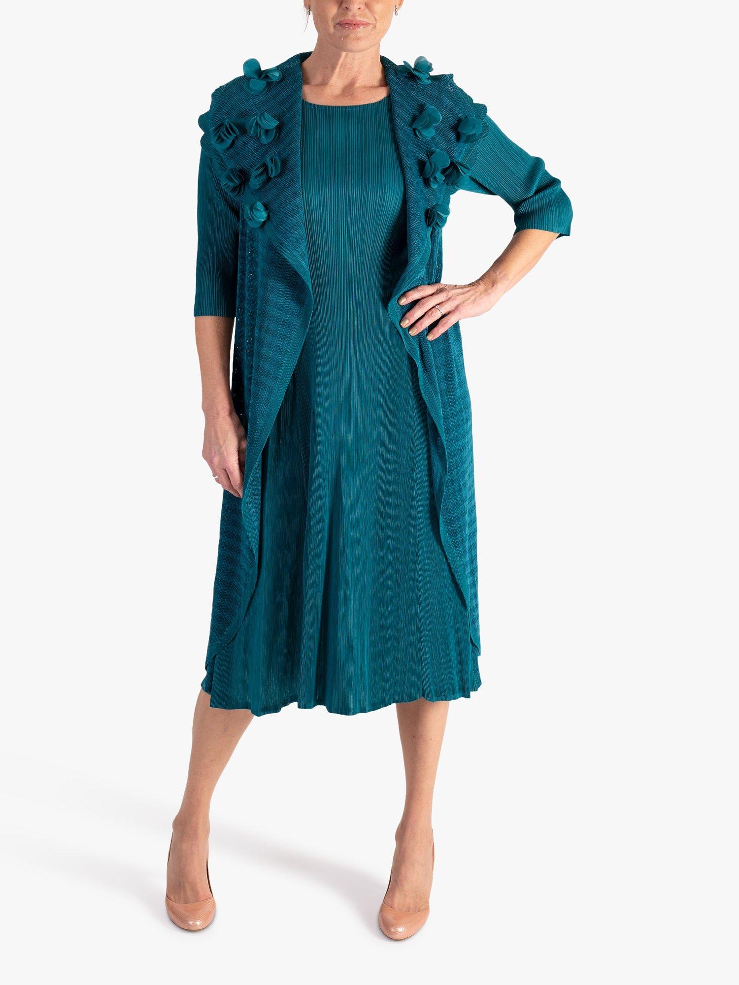 Product image 4 of 6, which shows chesca Chiffon Flower Detail Pleated Dress, Jade, One Size