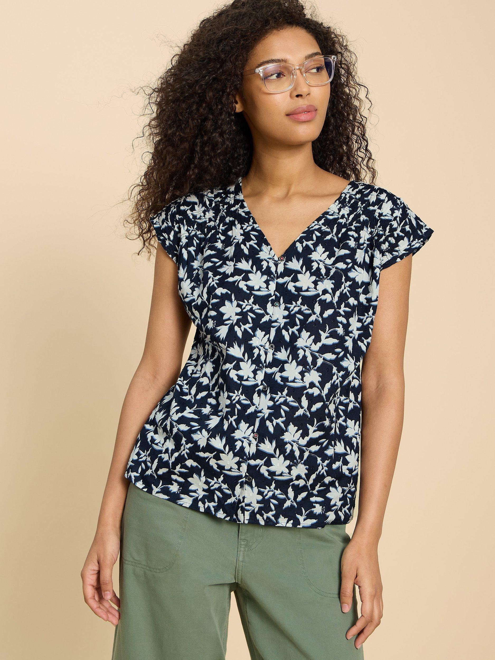 White Stuff Rae Floral Organic Cotton Blouse, Navy