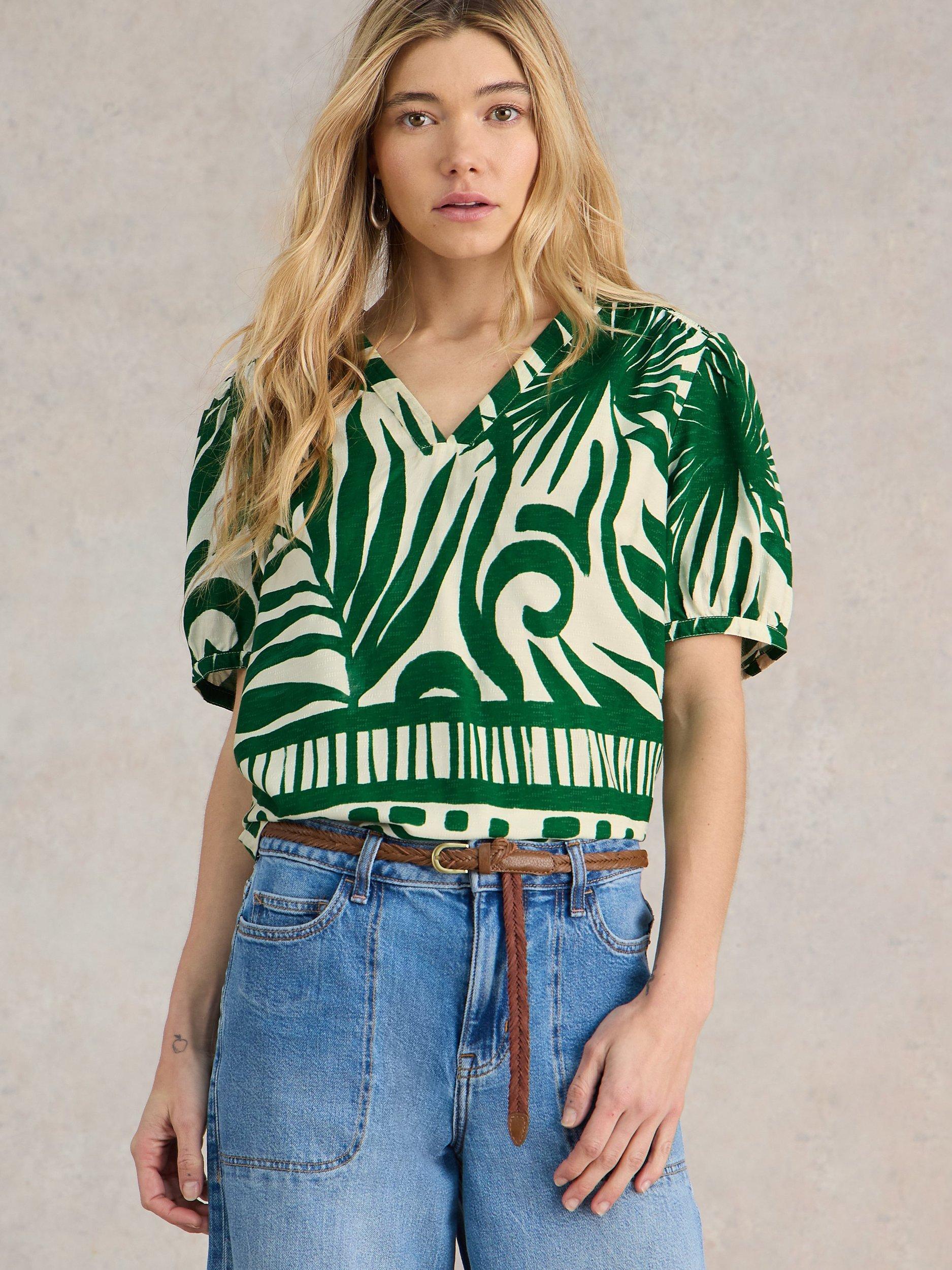 Product image 3 of 7, which shows White Stuff Elisa Abstract Print T-Shirt, Green, 6