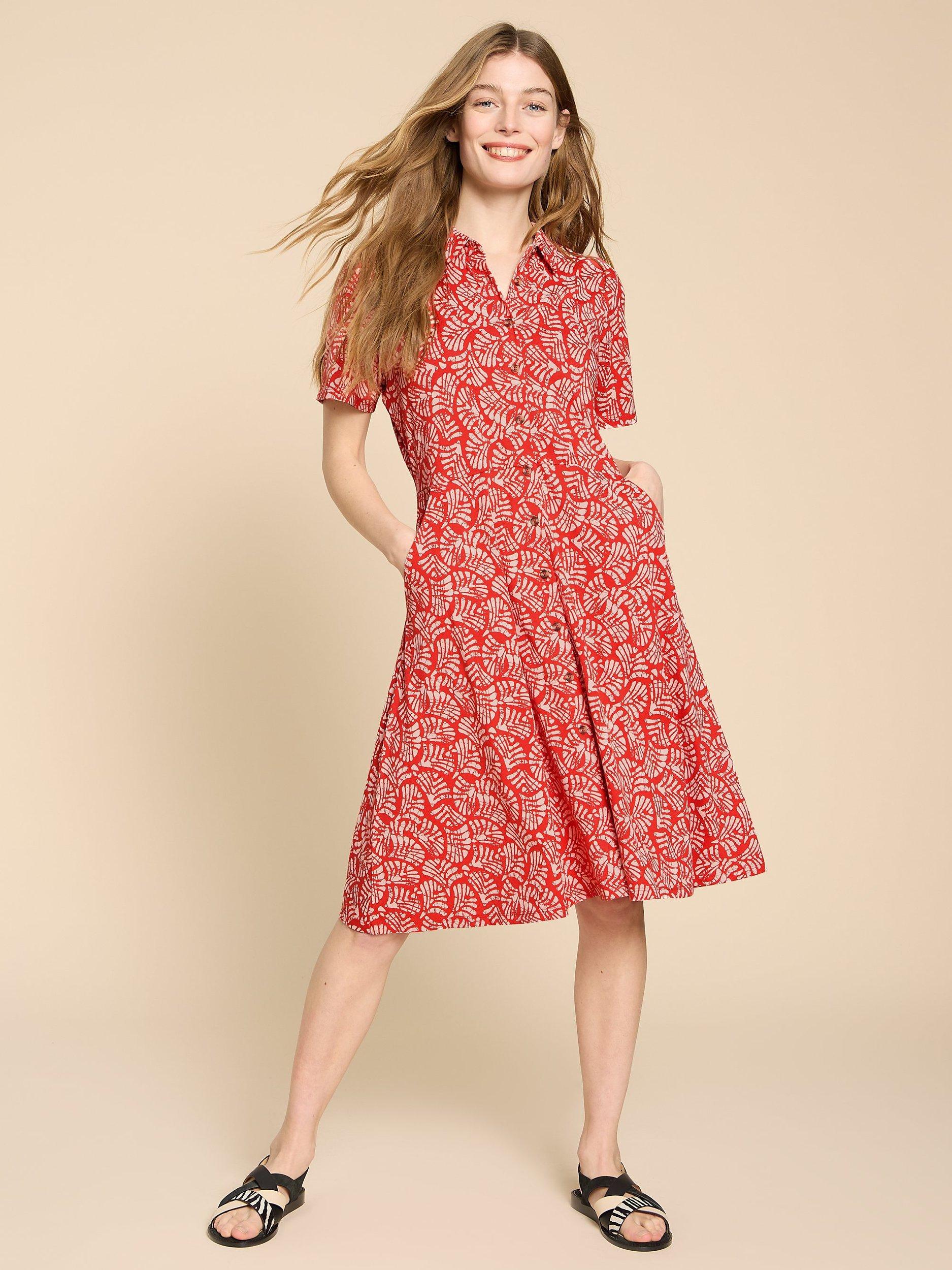 Product image 1 of 7, which shows White Stuff Ria Abstract Print Jersey Shirt Dress, Red/White, 20
