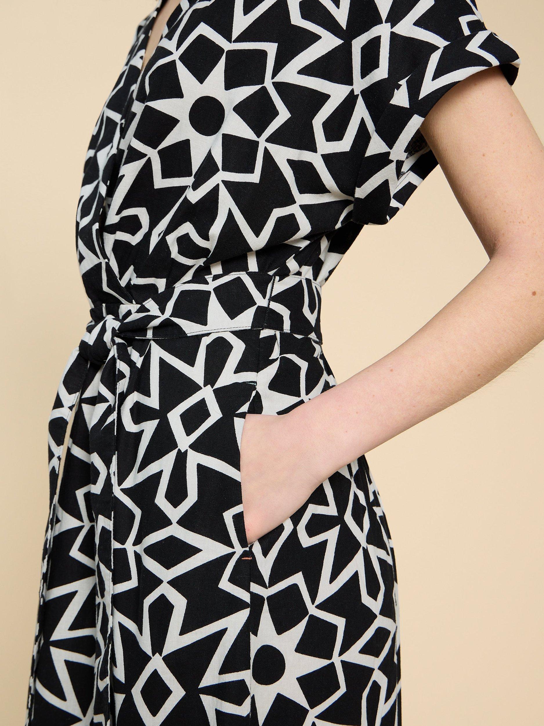 Product image 3 of 6, which shows White Stuff Sophie Geometric Print Linen Blend Midi Wrap Dress, Black/White, 24