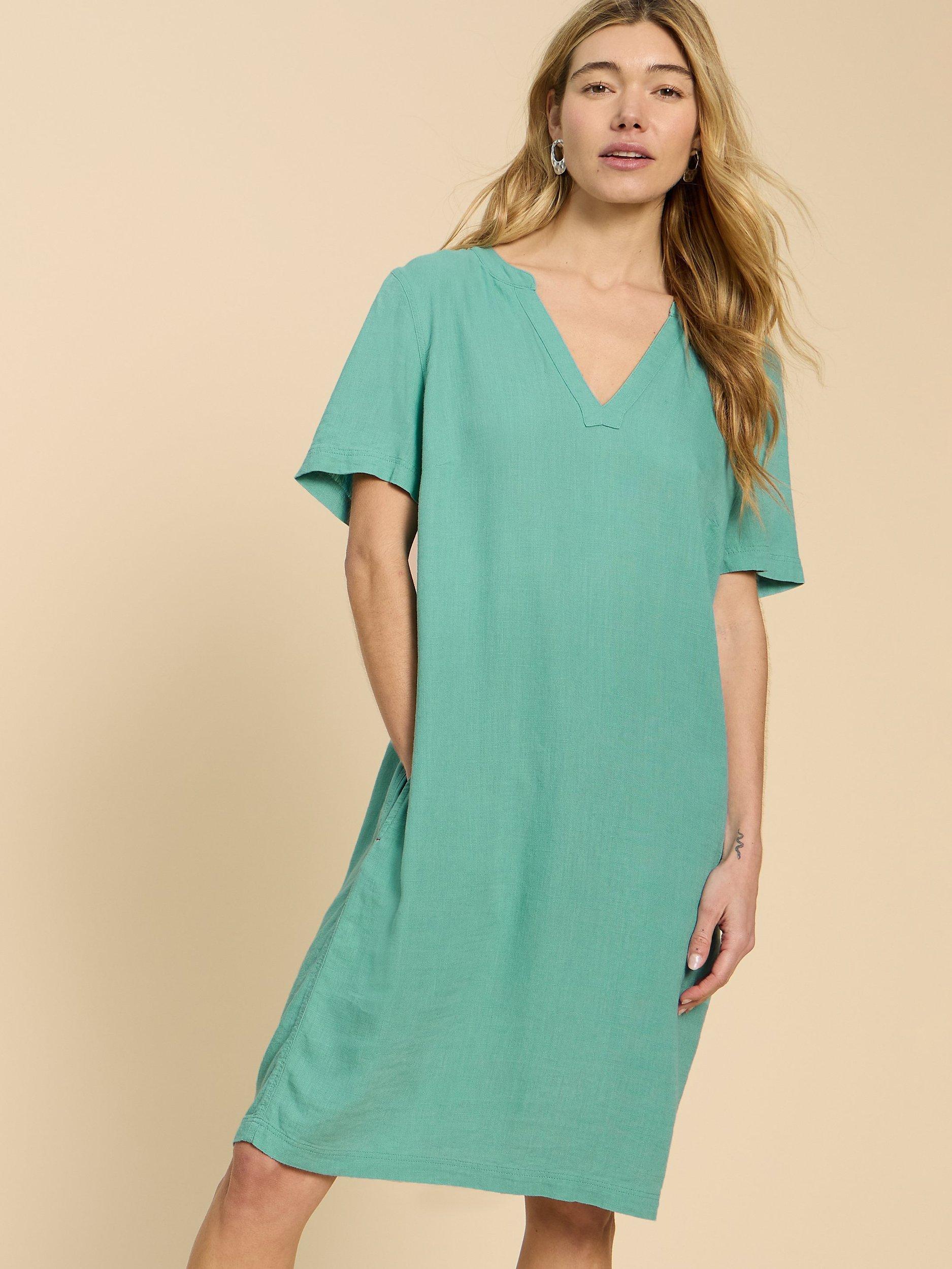 Product image 1 of 5, which shows White Stuff Lydia Linen Blend Dress, Mid Teal, 6