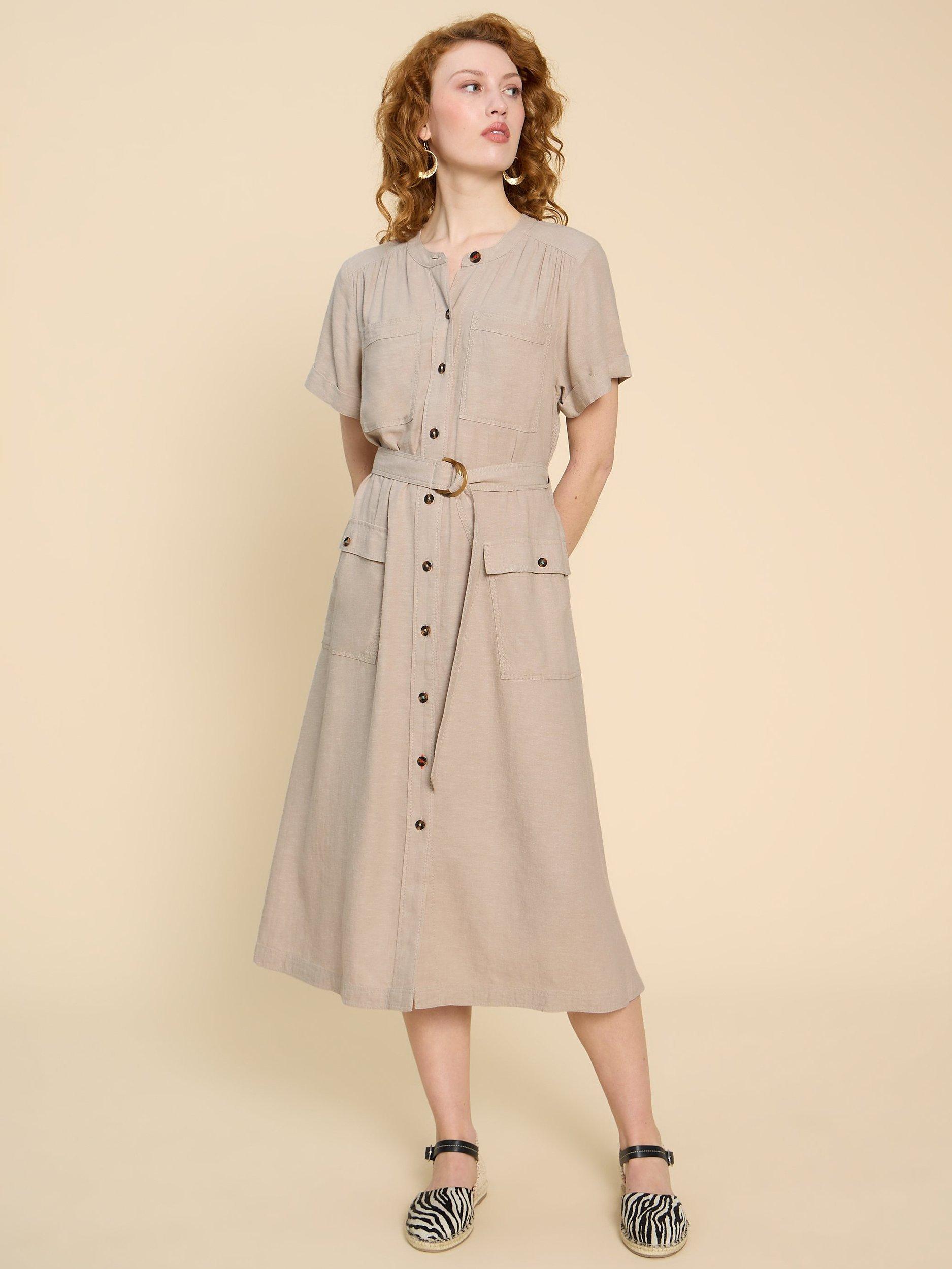 White Stuff Hazel Linen Blend Midi Shirt Dress Natural