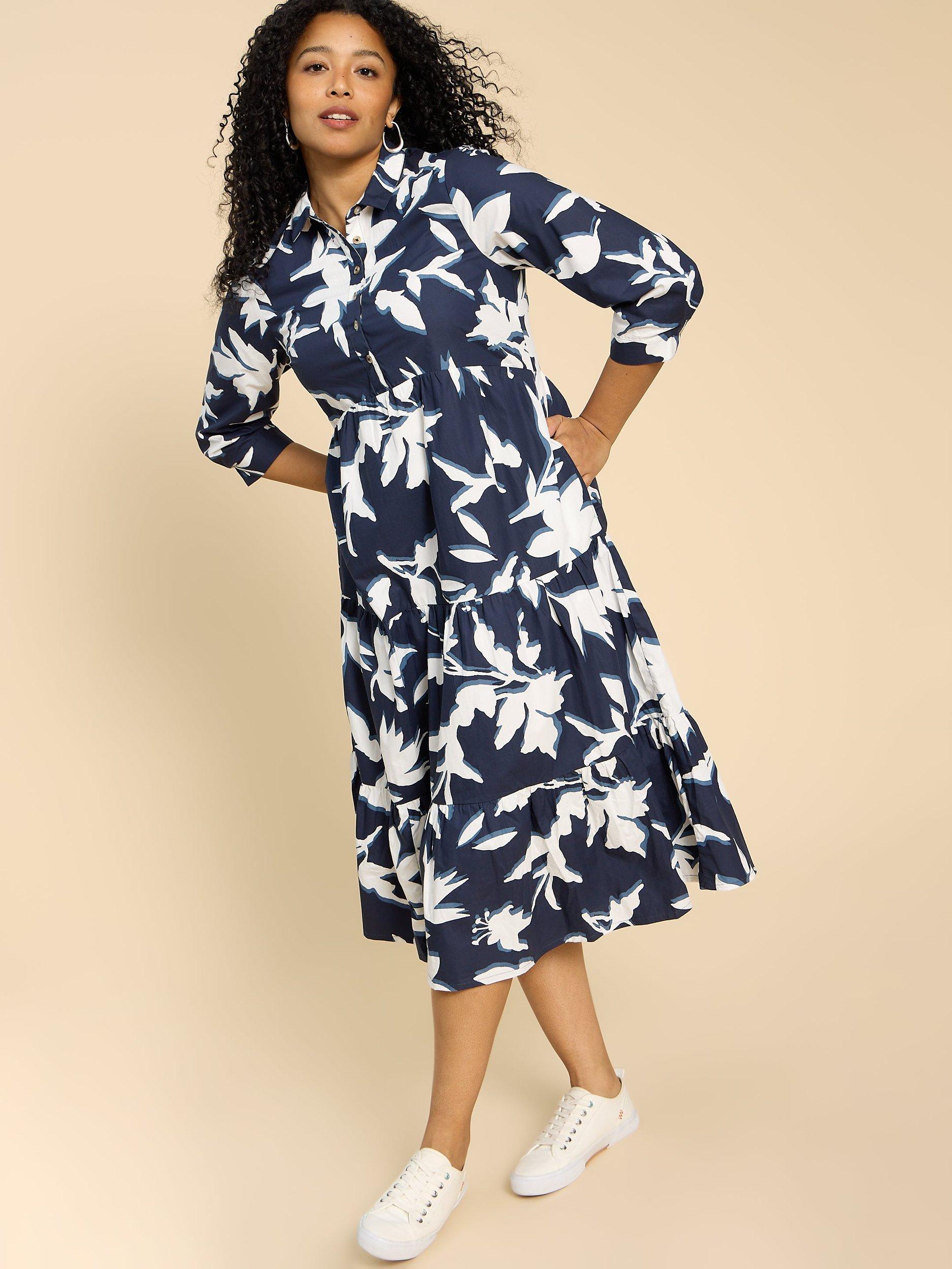 White Stuff Mayra Floral Organic Cotton Midi Shirt Dress Navy