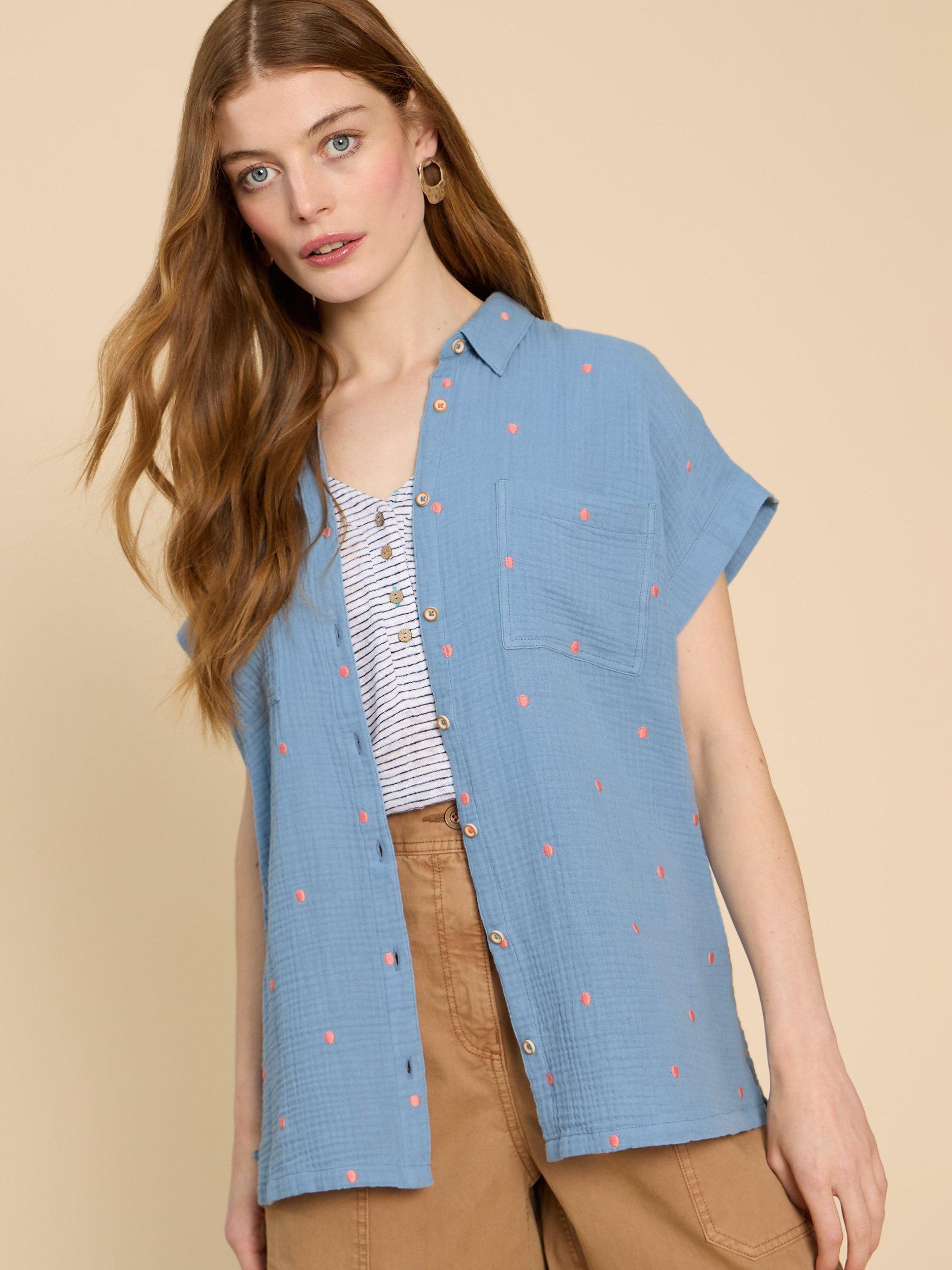 White Stuff Emma Embroidered Shirt, Blue Mlt, 8