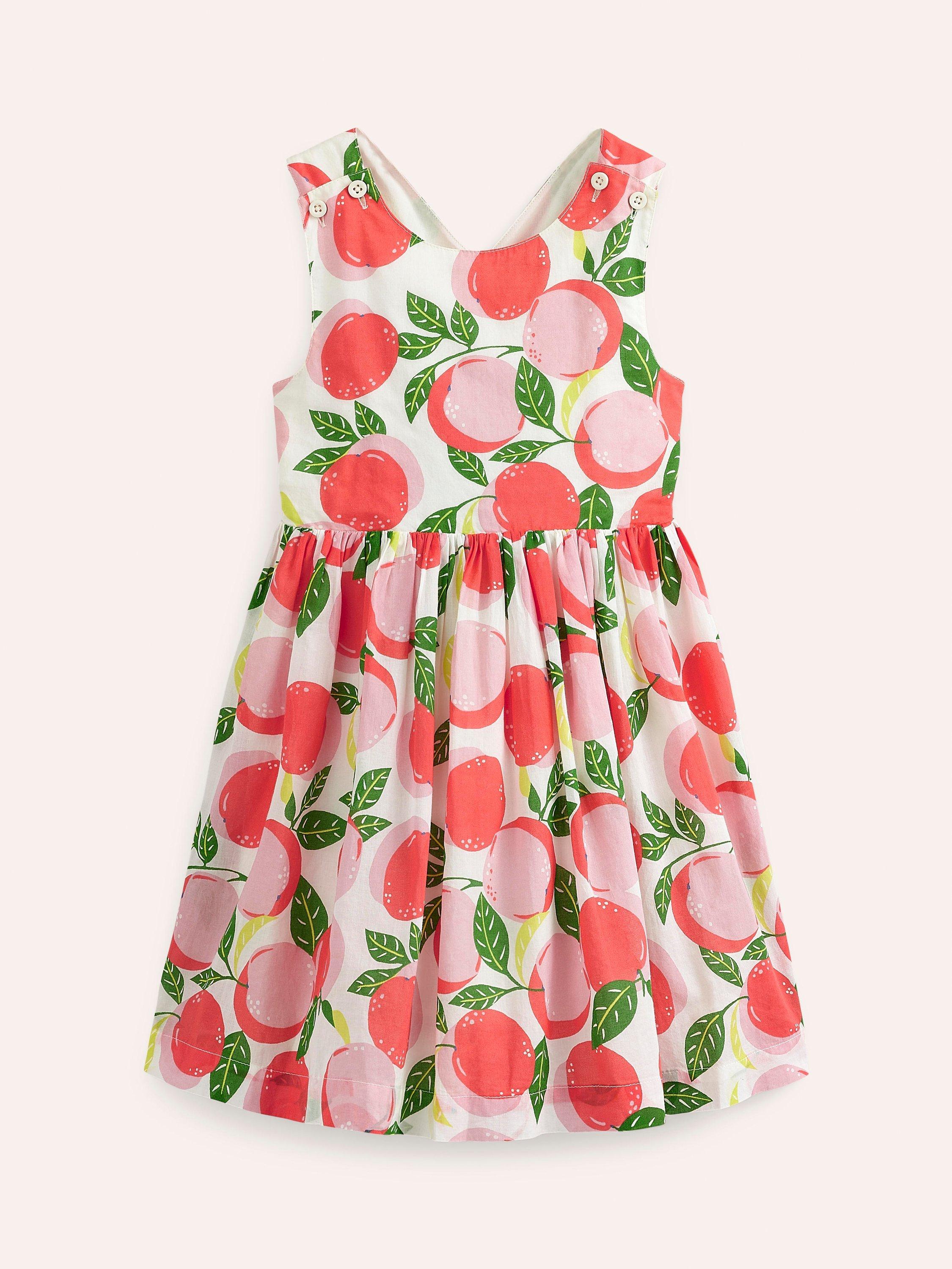 Mini Boden Kids' Peach Print Cross-Back Dress, Ivory Peaches
