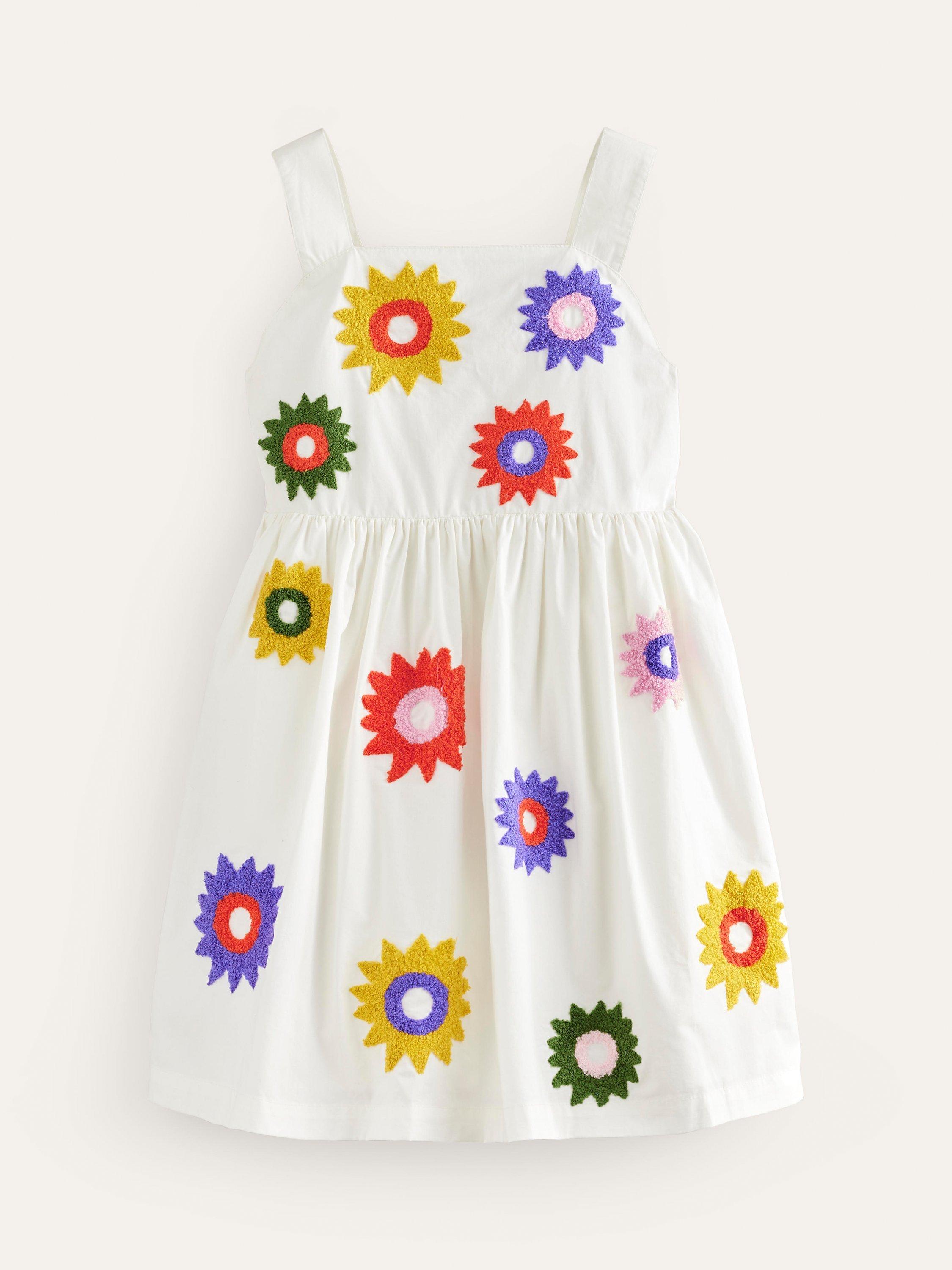 Mini Boden Kids' Floral Textured Applique Dress, Ivory/Multi