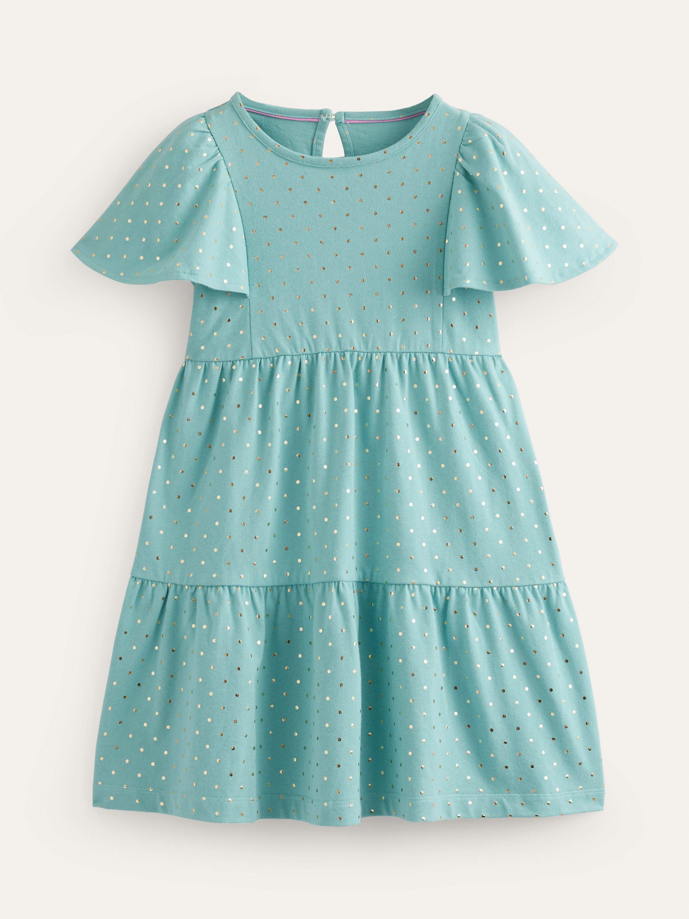 Mini Boden Kids' Spot Flutter Short Sleeve Jersey Tiered Dress, Aqua Sea