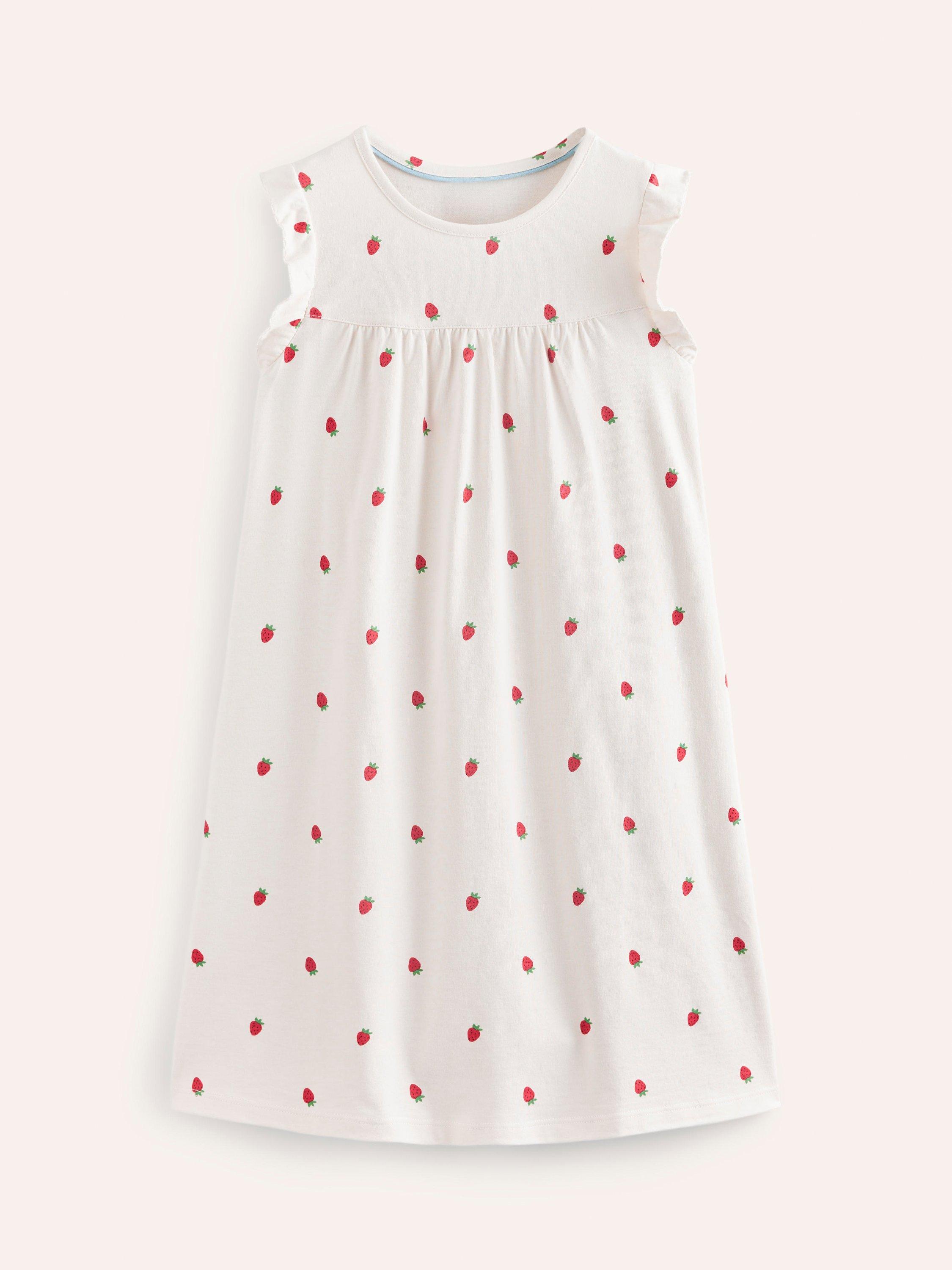 Mini Boden Kids' Strawberry Print Short Sleeve Nightie, Ivory/Multi