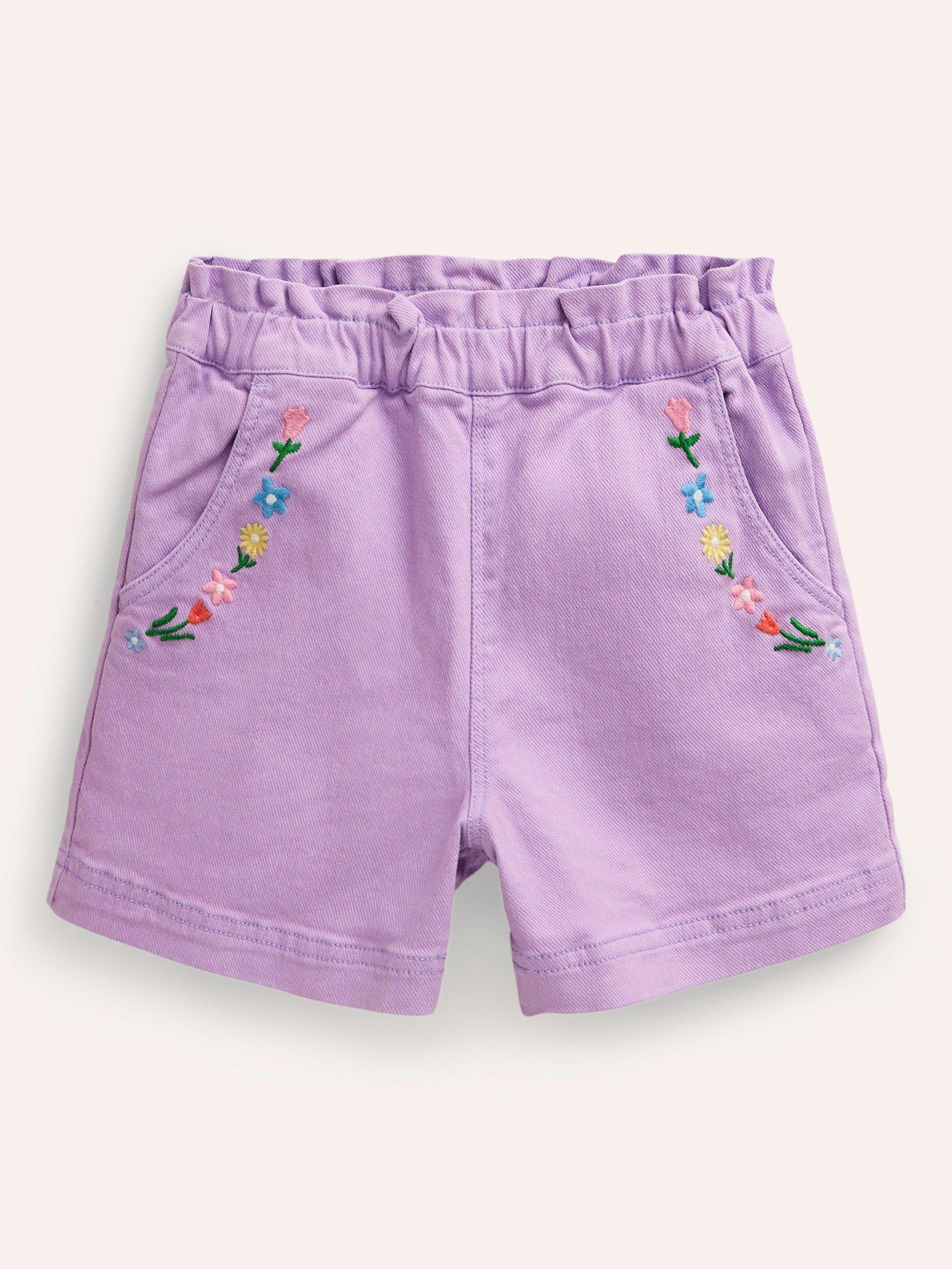Mini Boden Kids' Floral Embroidered Pull-On Shorts, Purple