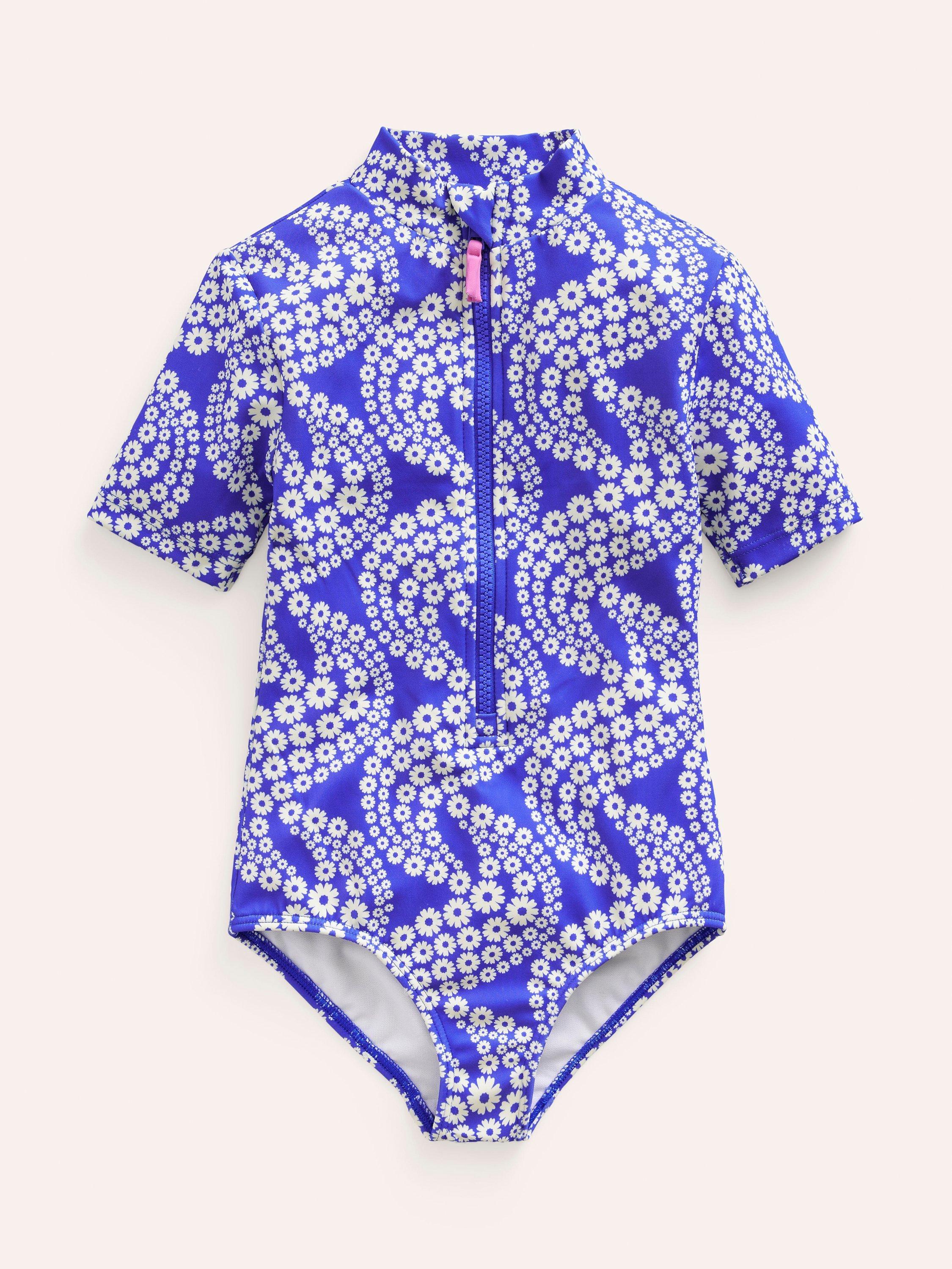 Mini Boden Kids' Floral Wave Print Short Sleeve Swimsuit, Blue Daisy