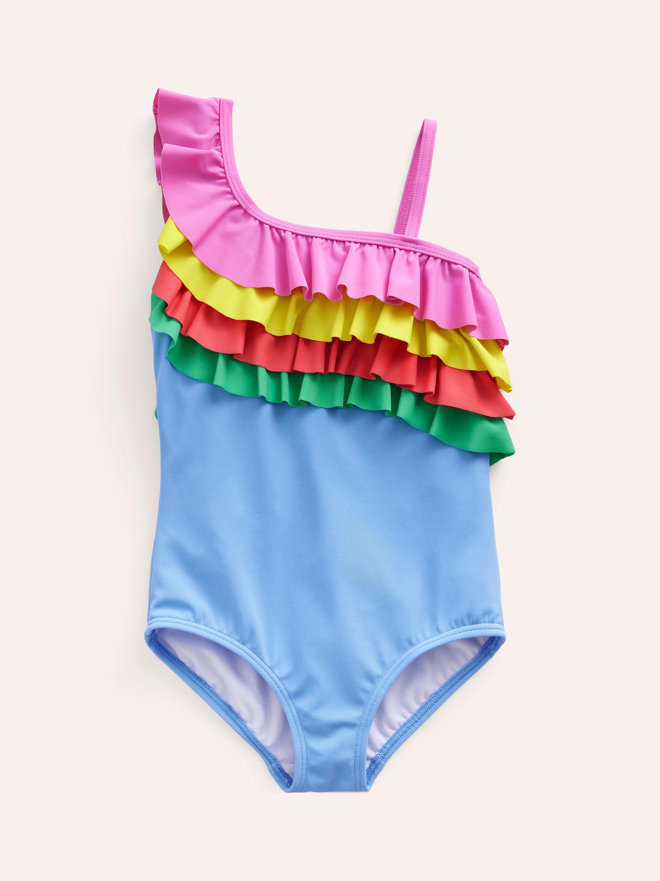 Mini Boden Kids' One Shoulder Frill Swimsuit, Surf Blue/Multi