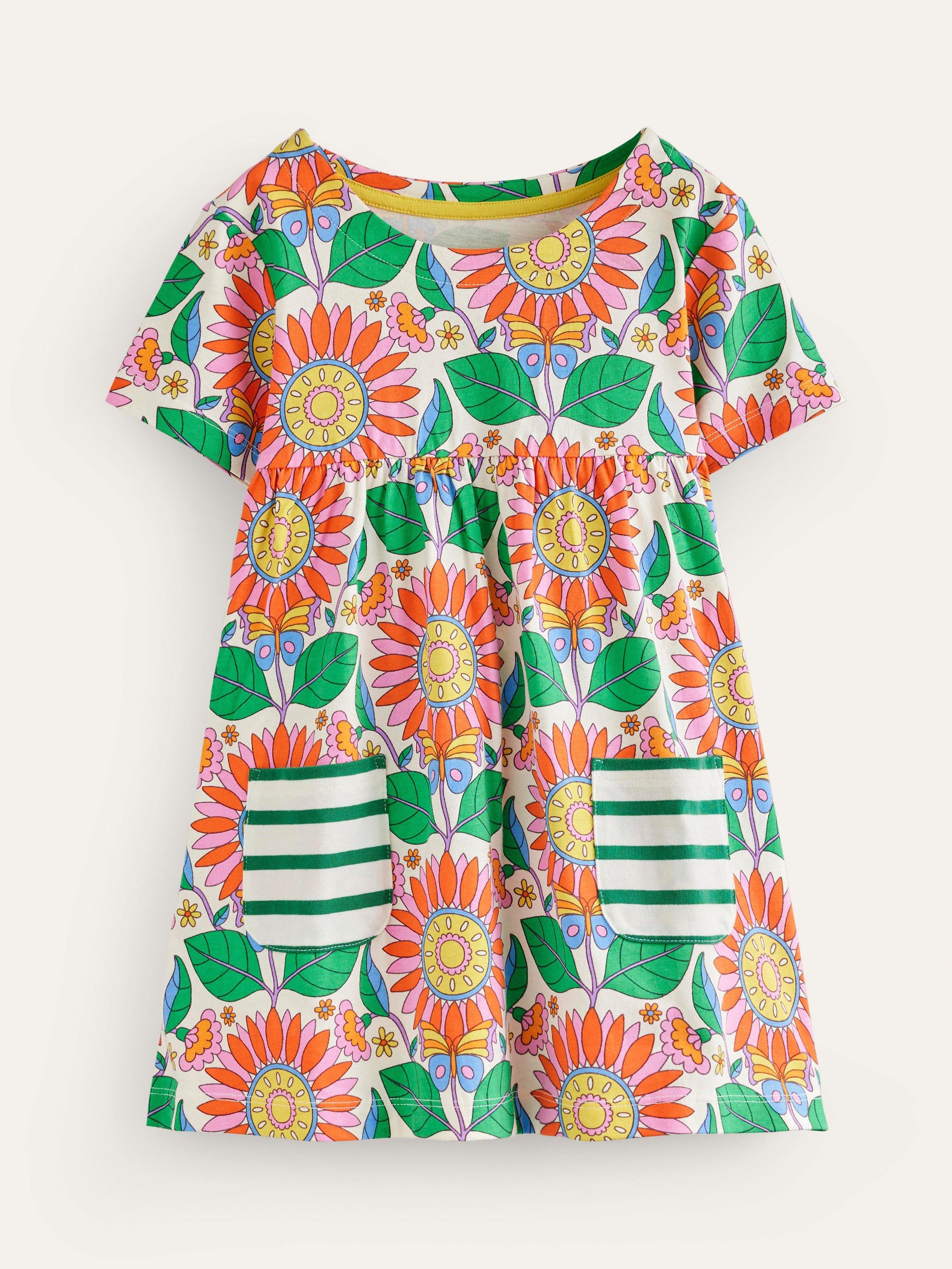 Mini Boden Kids' Daisy Print Short Sleeve Tunic, Multi Vine
