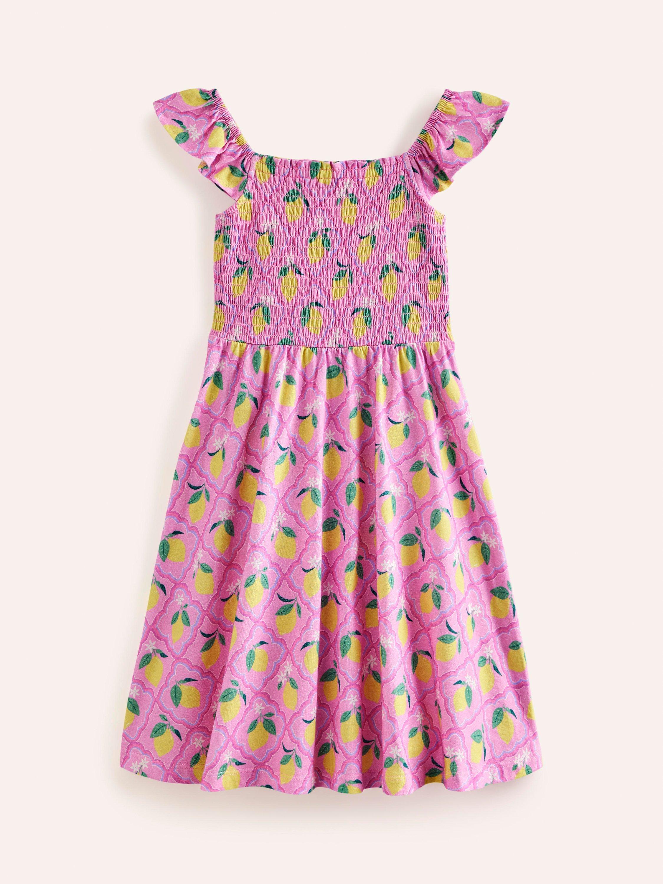 Mini Boden Kids' Lemon Print Shirred Jersey Dress, Pink Grove