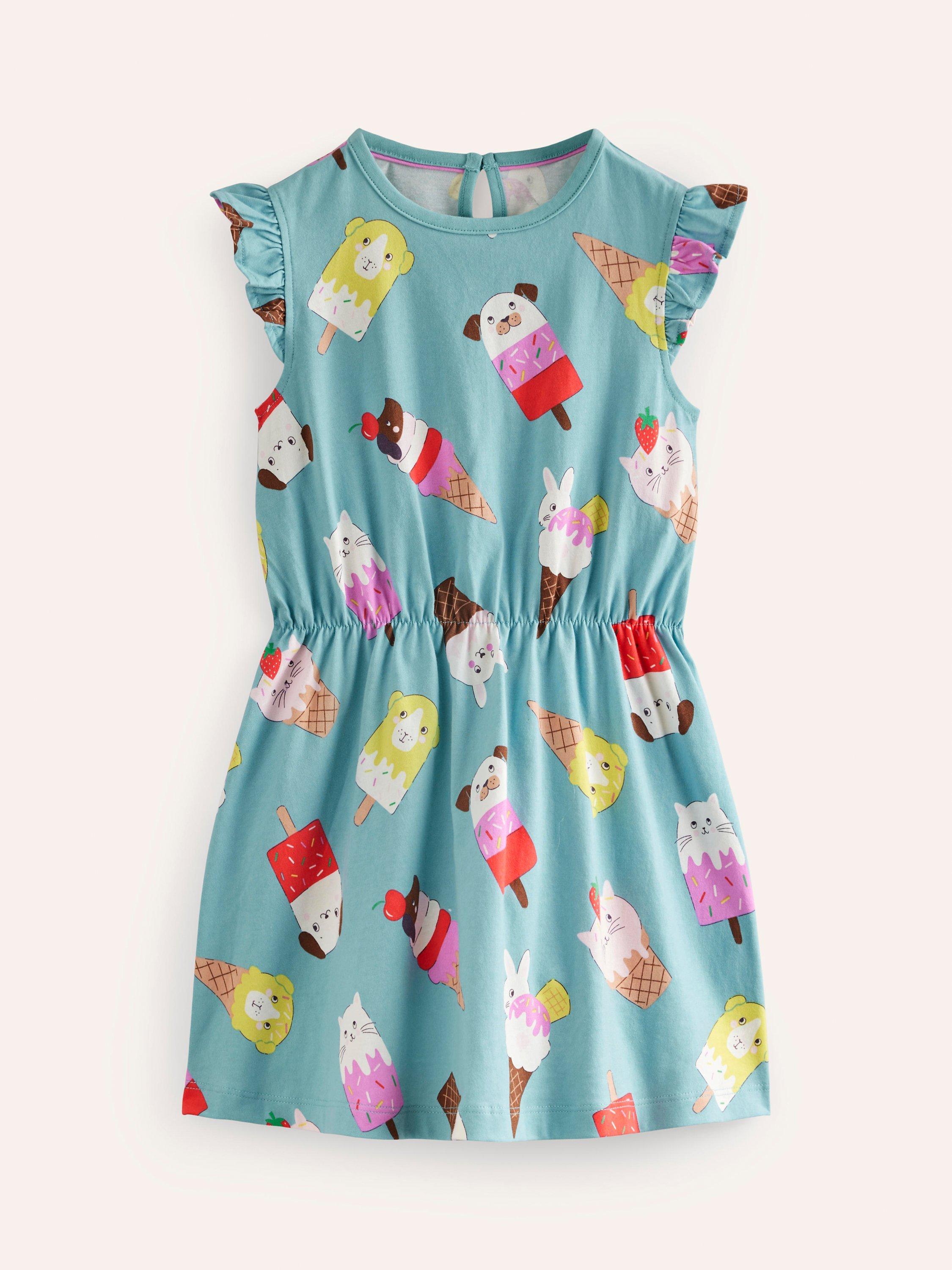 Mini Boden Kids' Animal Ice Cream Print Frill Sleeve Jersey Dress, Aqua Sea