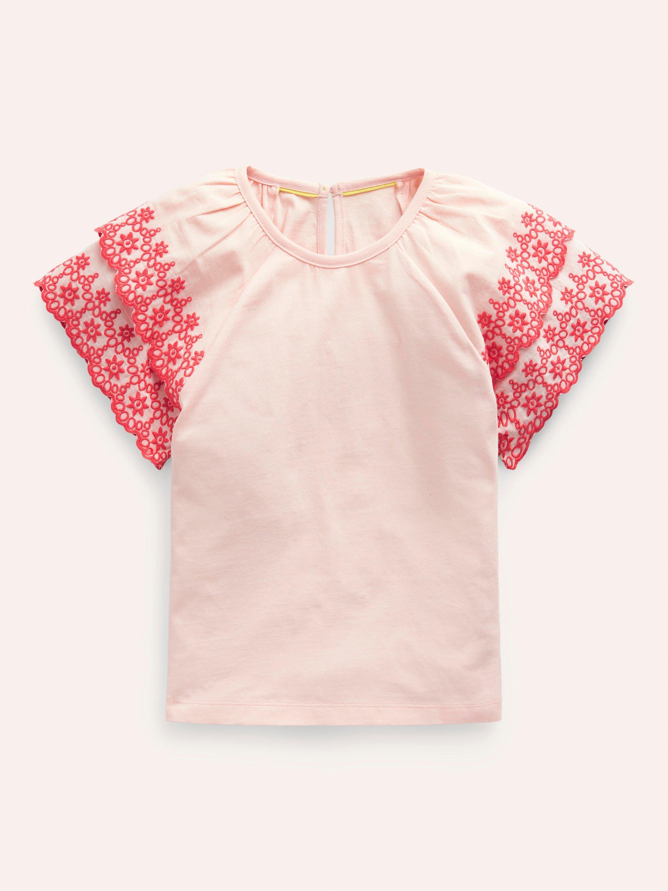 Mini Boden Kids' Broderie Sleeve Mix T-Shirt, Pink/Coral, Pink/Coral