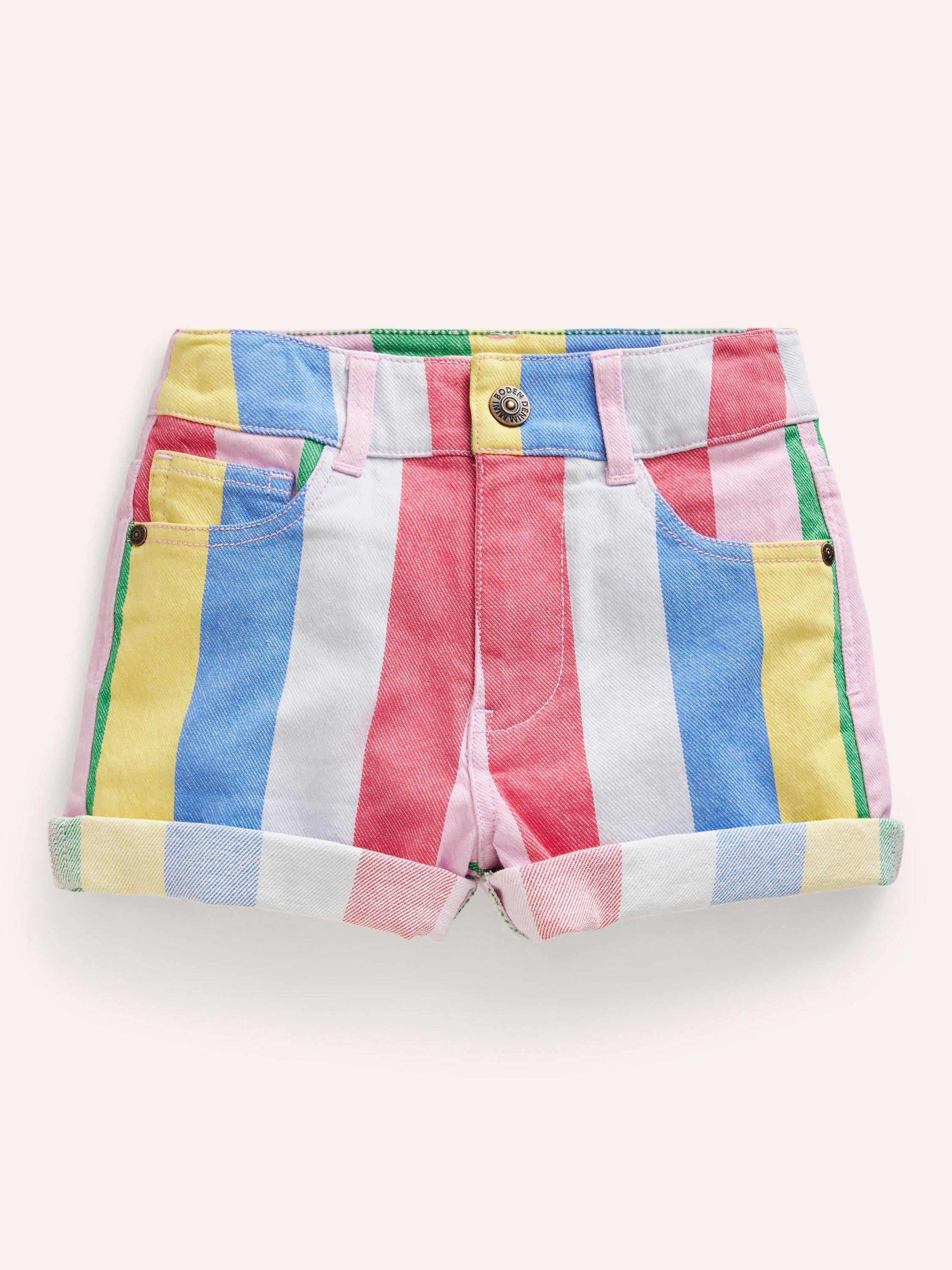 Mini Boden Kids' Rainbow Stripe Denim Shorts, Multi