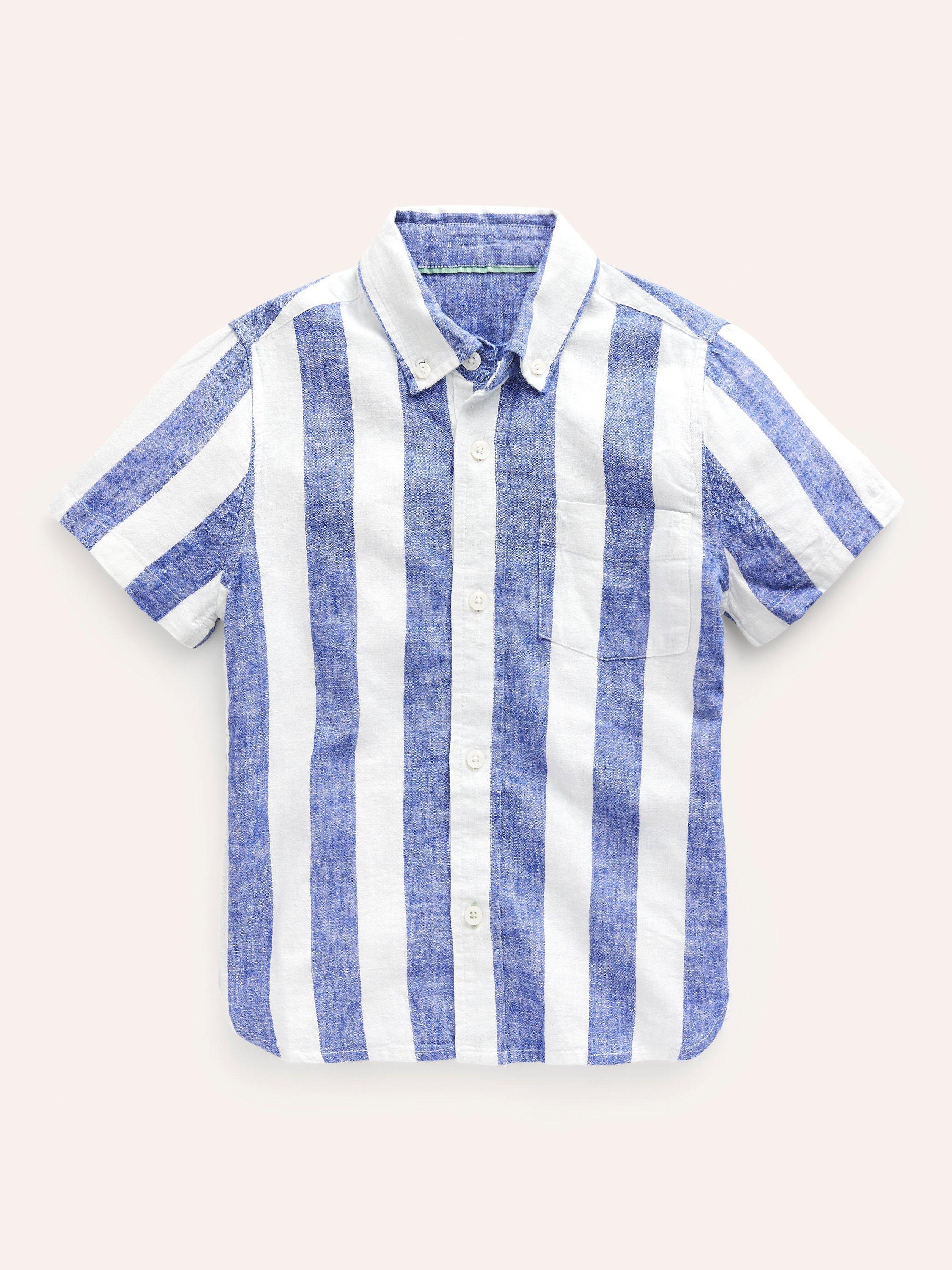 Mini Boden Kids' Wide Stripe Linen Blend Short Sleeve Shirt, Blue/Ivory