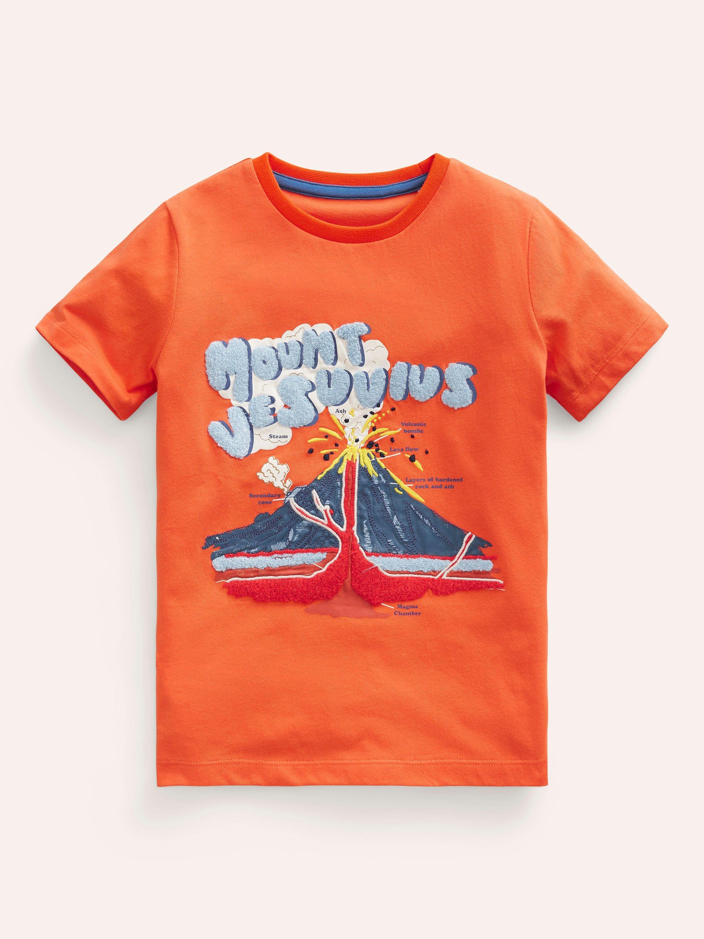 Mini Boden Kids' Glow Volcano Textured Fact T-Shirt, Opal Orange